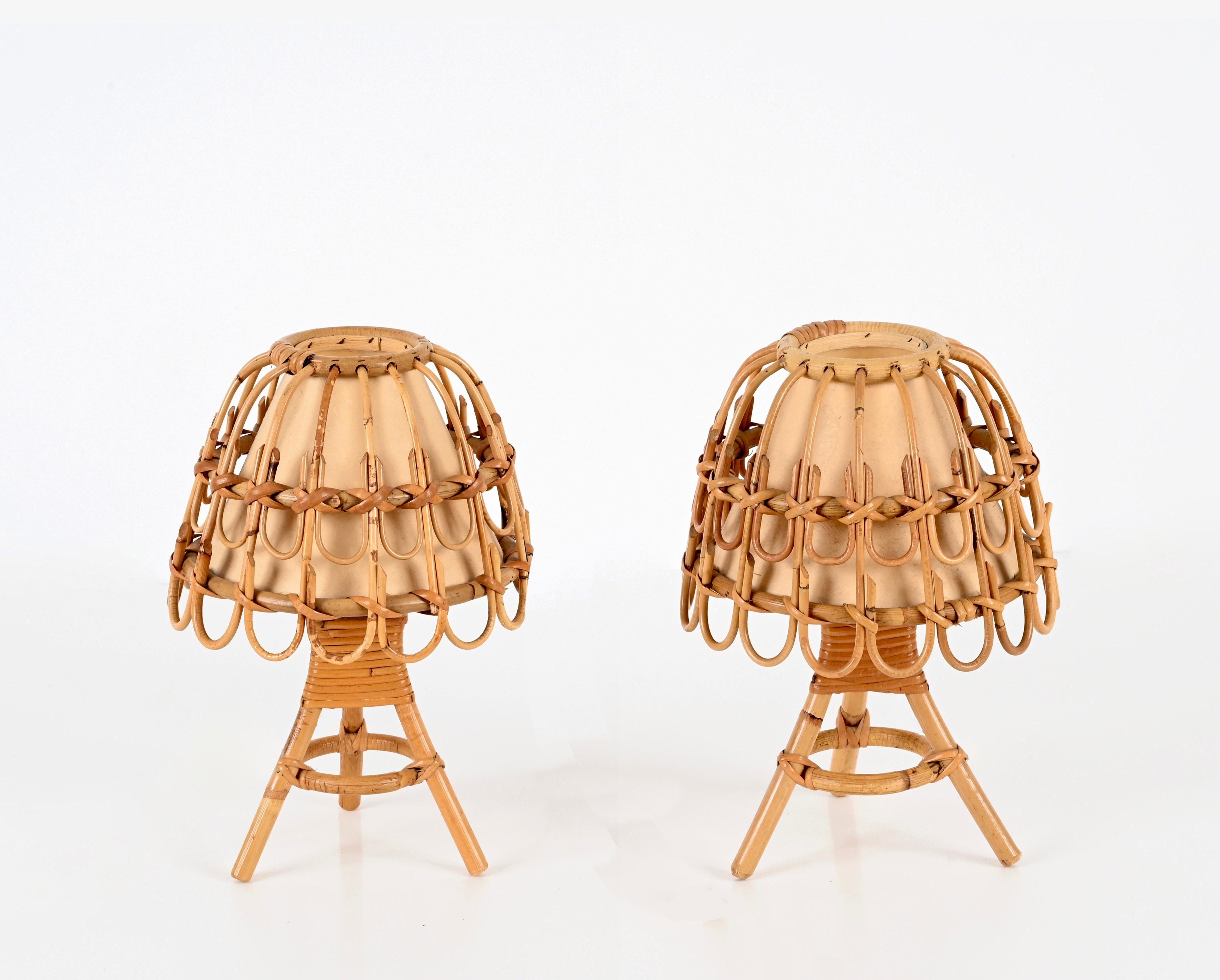 Paar Tischlampen aus Rattan und Korbweide aus der Mitte des Jahrhunderts, Louis Sognot, Frankreich, 1960er Jahre (Bambus)