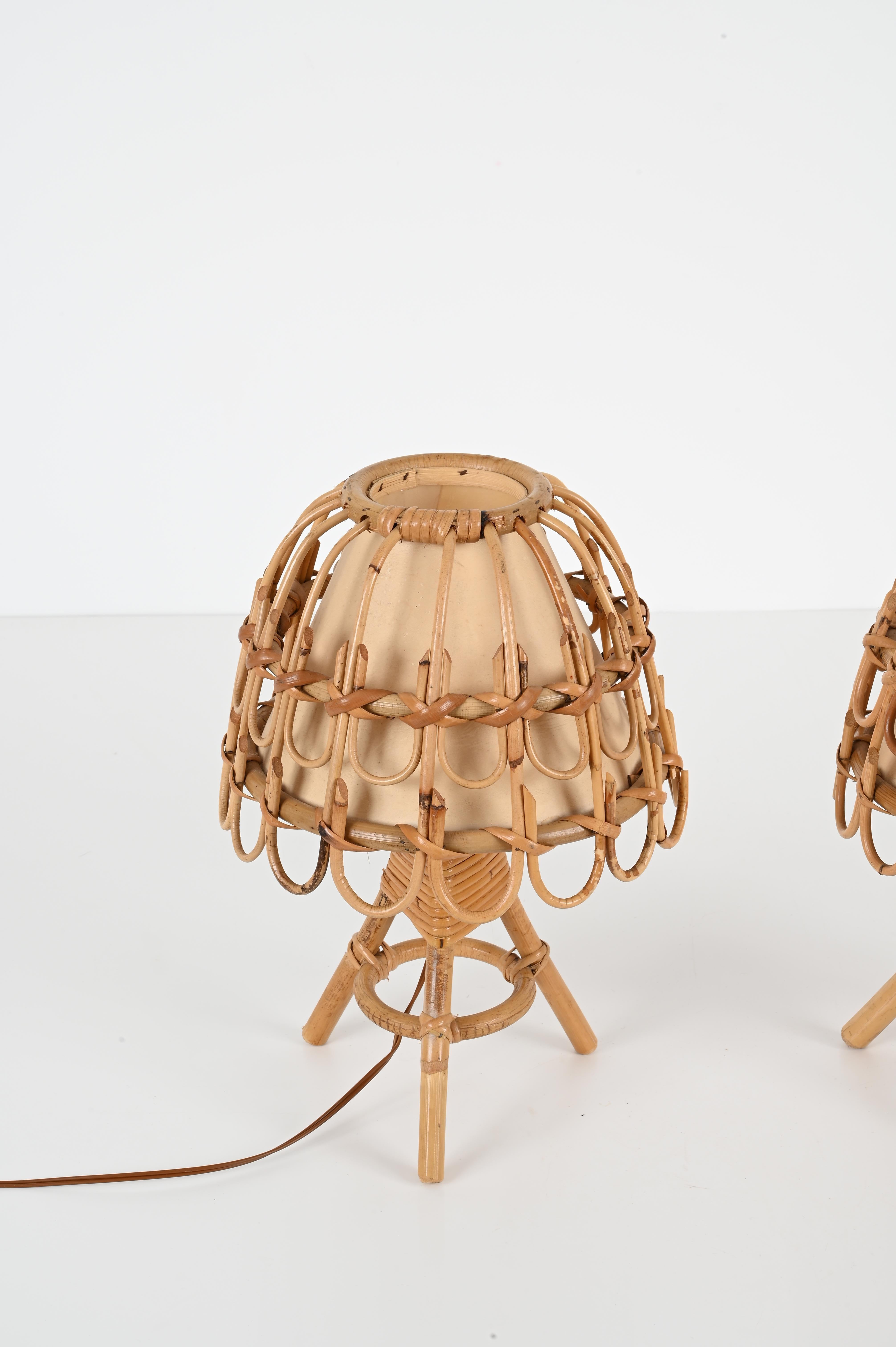Pair of Midcentury Table Lamps in Rattan and Wicker, Louis Sognot, France, 1960s 1