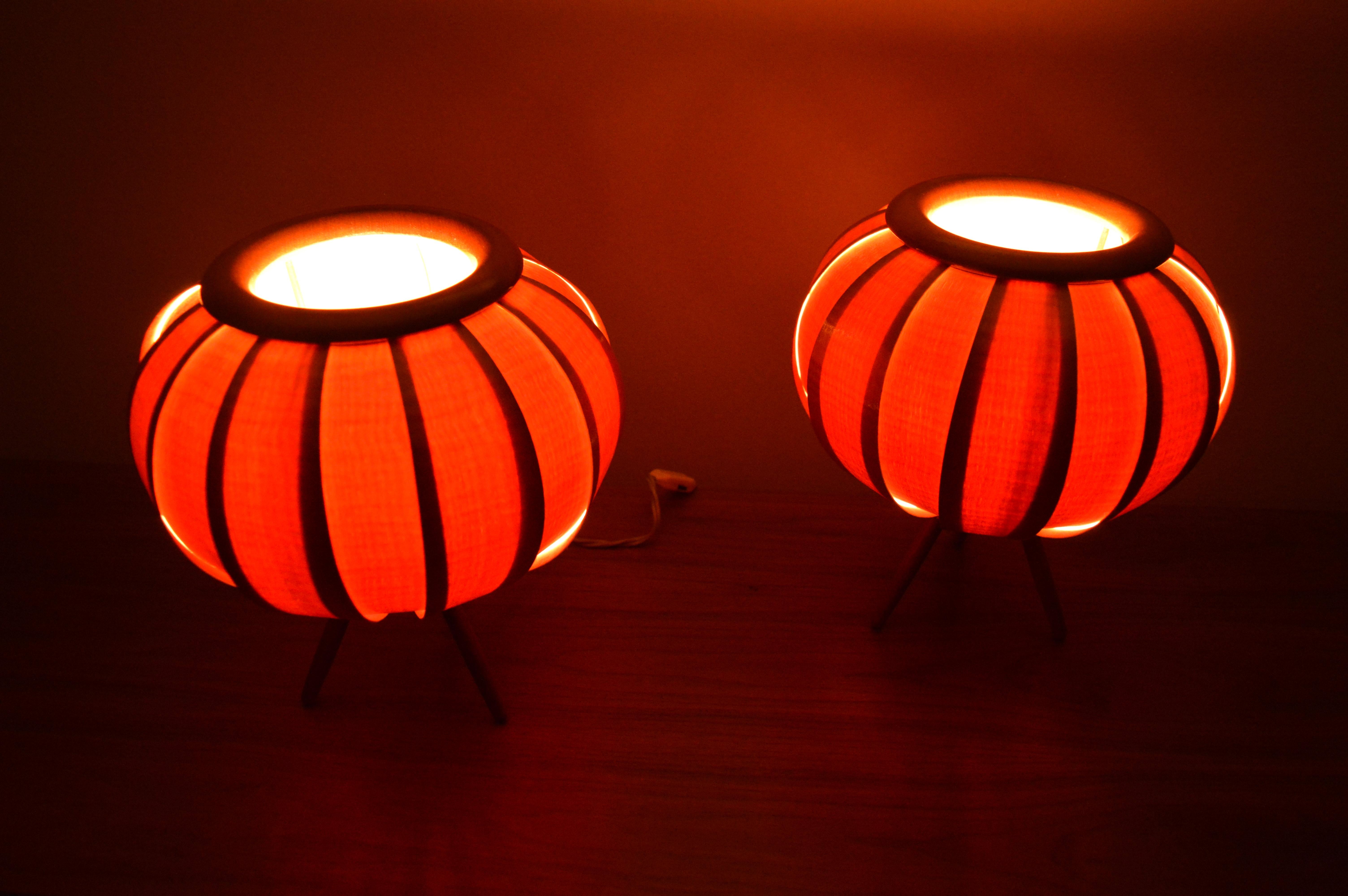 Czech Pair of Midcentury Table Lamps ULUV in Style of Verner Schou, Veneer, 1960s