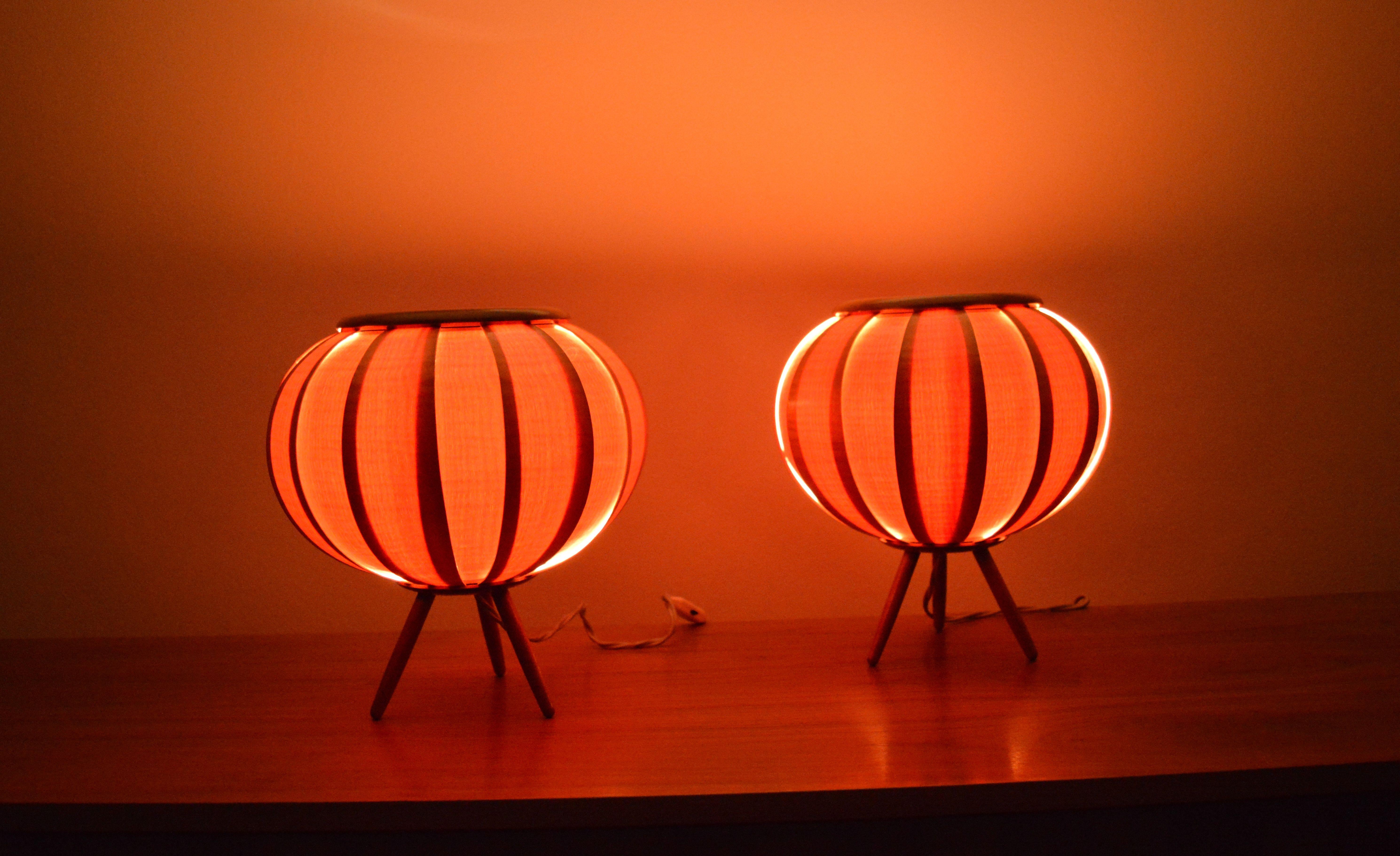 Pair of Midcentury Table Lamps ULUV in Style of Verner Schou, Veneer, 1960s In Good Condition In Praha, CZ