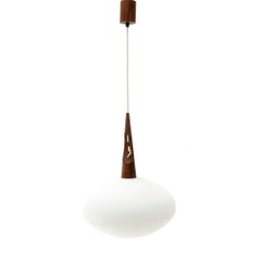 Pair of Midcentury Teak and Opaline Glass Pendant Lamps by Skandinavia, 1960s