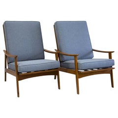 Pair of Midcentury Teak Lounge Chairs in Blue Knoll Fabric