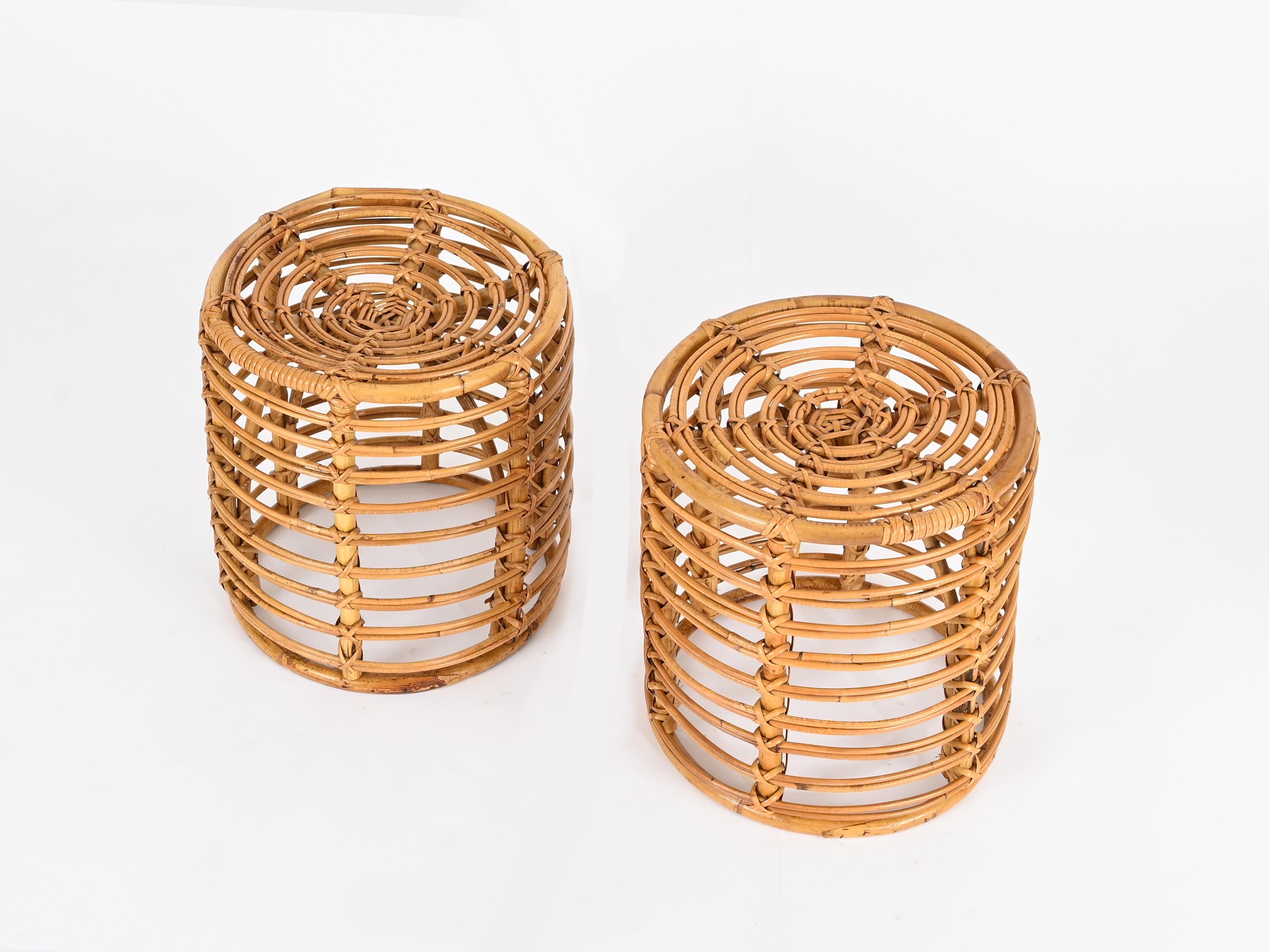 Coppia di sgabelli pouf Tito Agnoli in rattan e bambù, Italia 1960 in vendita 2