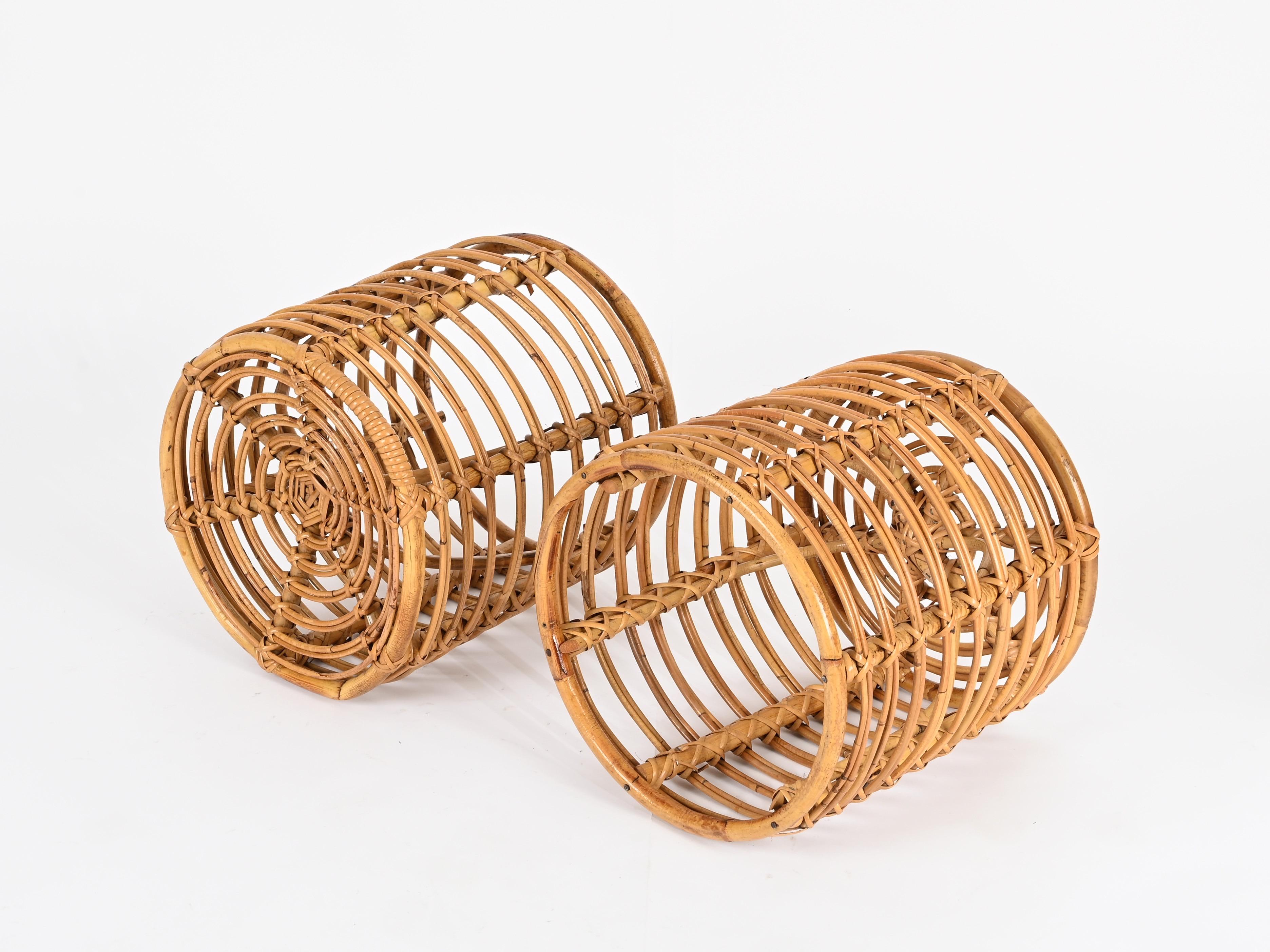 Coppia di sgabelli pouf Tito Agnoli in rattan e bambù, Italia 1960 in vendita 3
