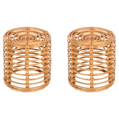 Pair of Midcentury Tito Agnoli Rattan and Bamboo Italian Pouf Stools, Italy 1960
