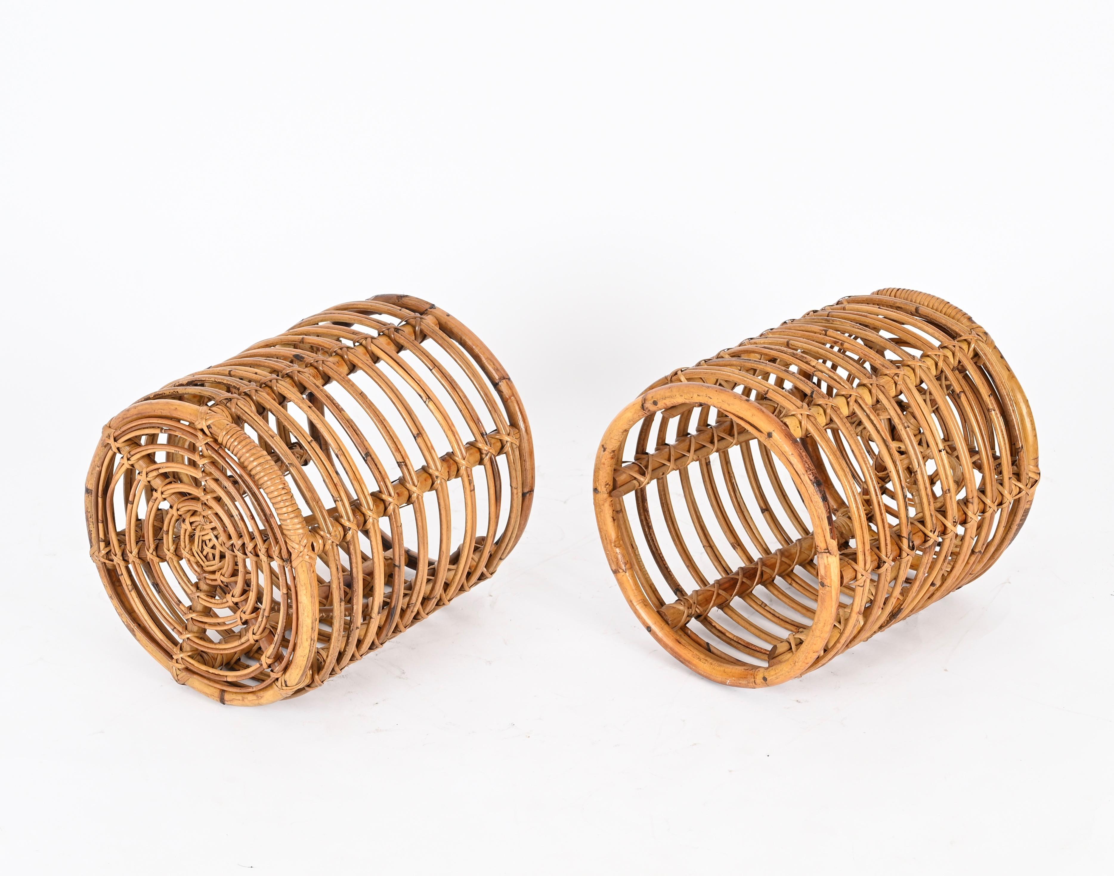 Pair of Midcentury Tito Agnoli Rattan and Bamboo Italian Pouf Stools Italy 1960s 4