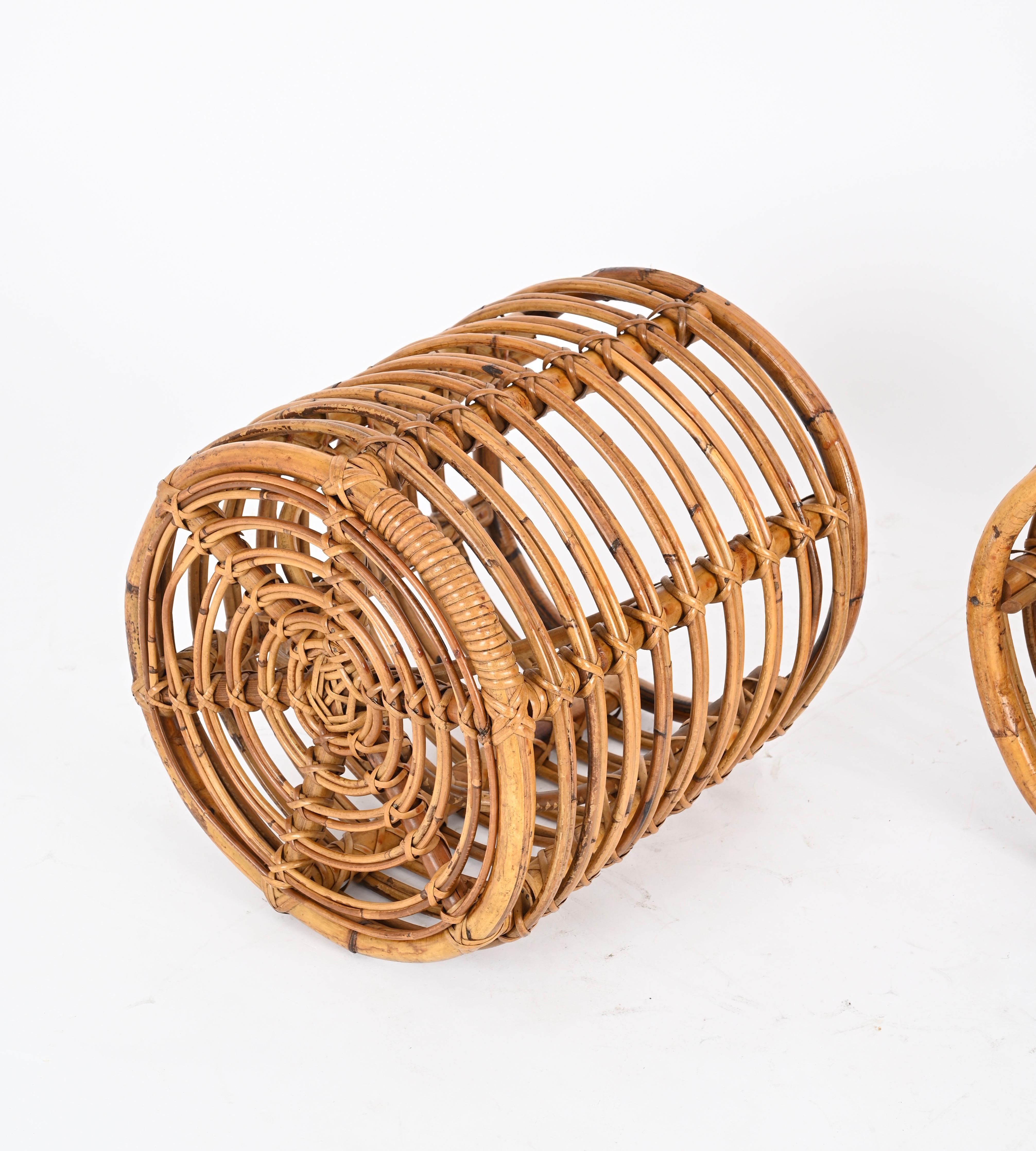 Pair of Midcentury Tito Agnoli Rattan and Bamboo Italian Pouf Stools Italy 1960s 5