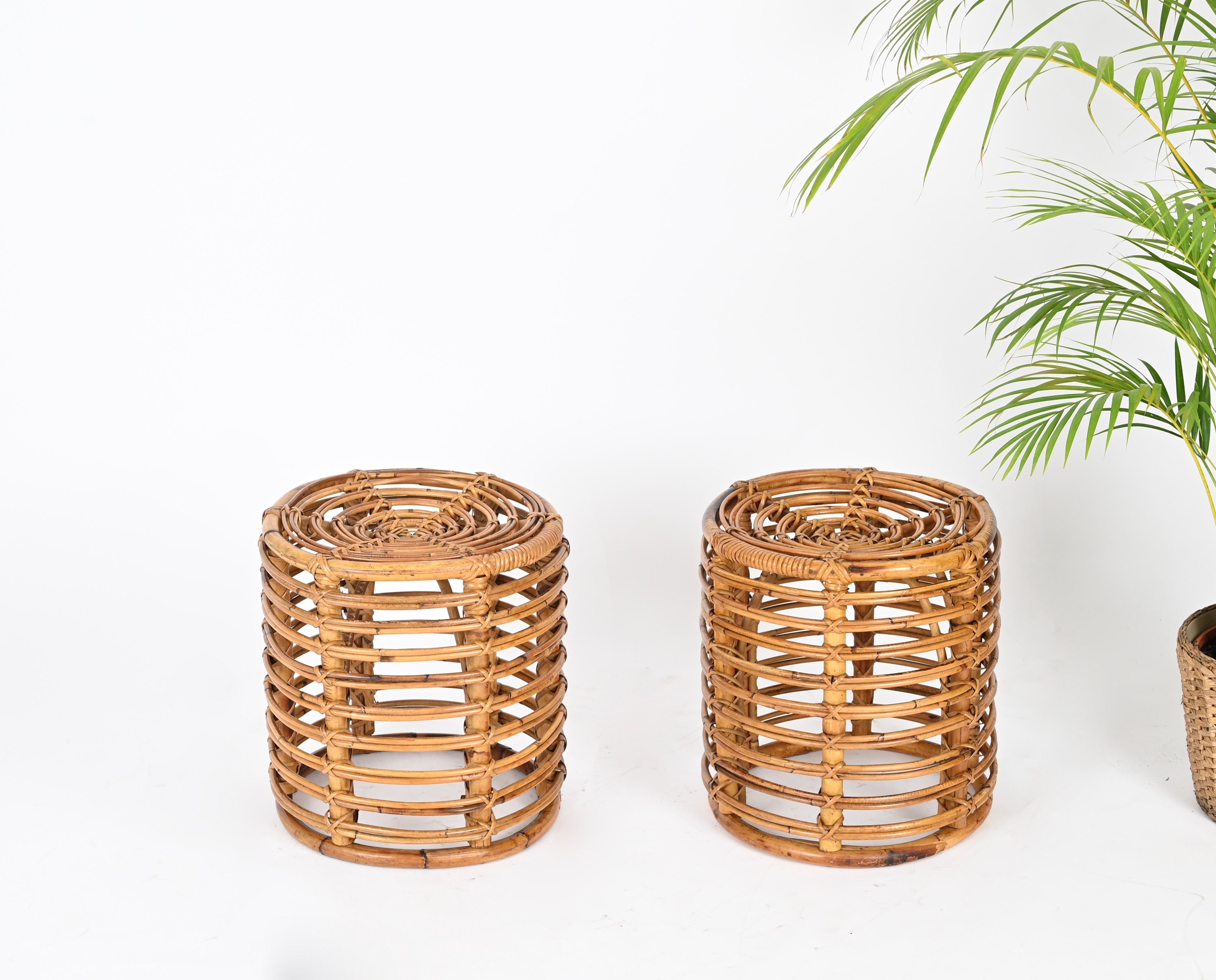 Pair of Midcentury Tito Agnoli Rattan and Bamboo Italian Pouf Stools Italy 1960s 6