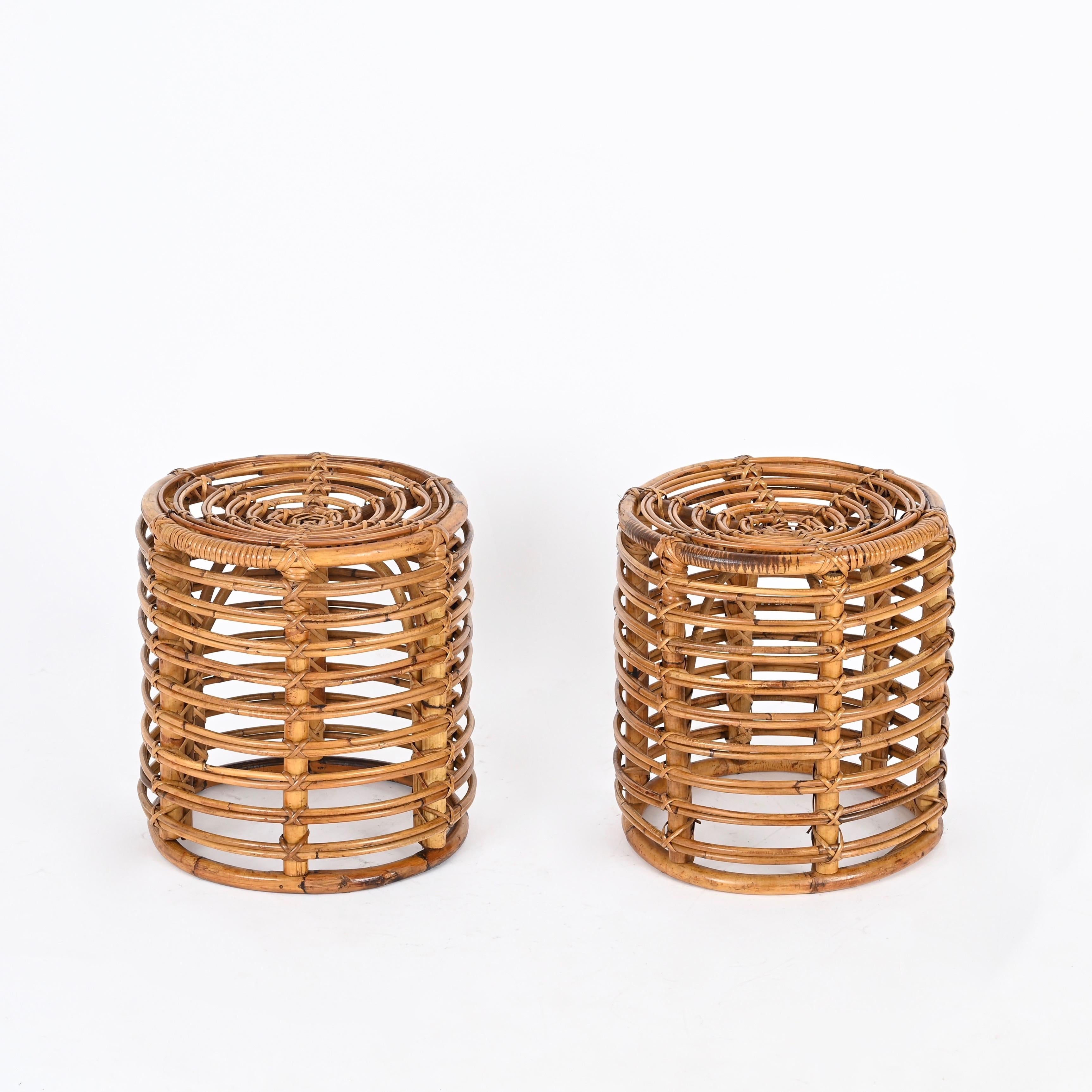 Pair of Midcentury Tito Agnoli Rattan and Bamboo Italian Pouf Stools Italy 1960s 9