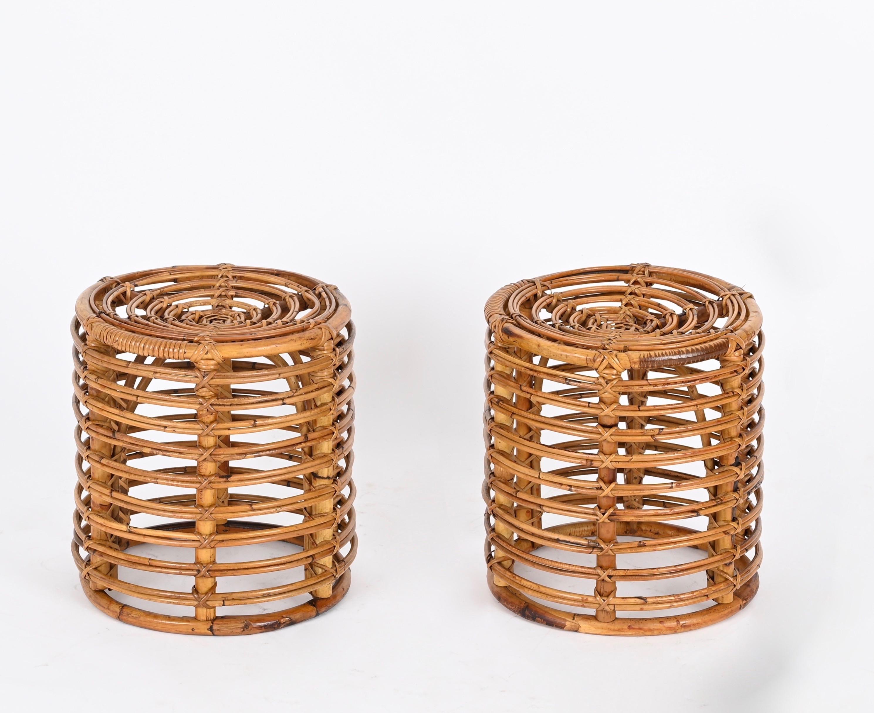 Mid-Century Modern Pair of Midcentury Tito Agnoli Rattan and Bamboo Italian Pouf Stools Italy 1960s