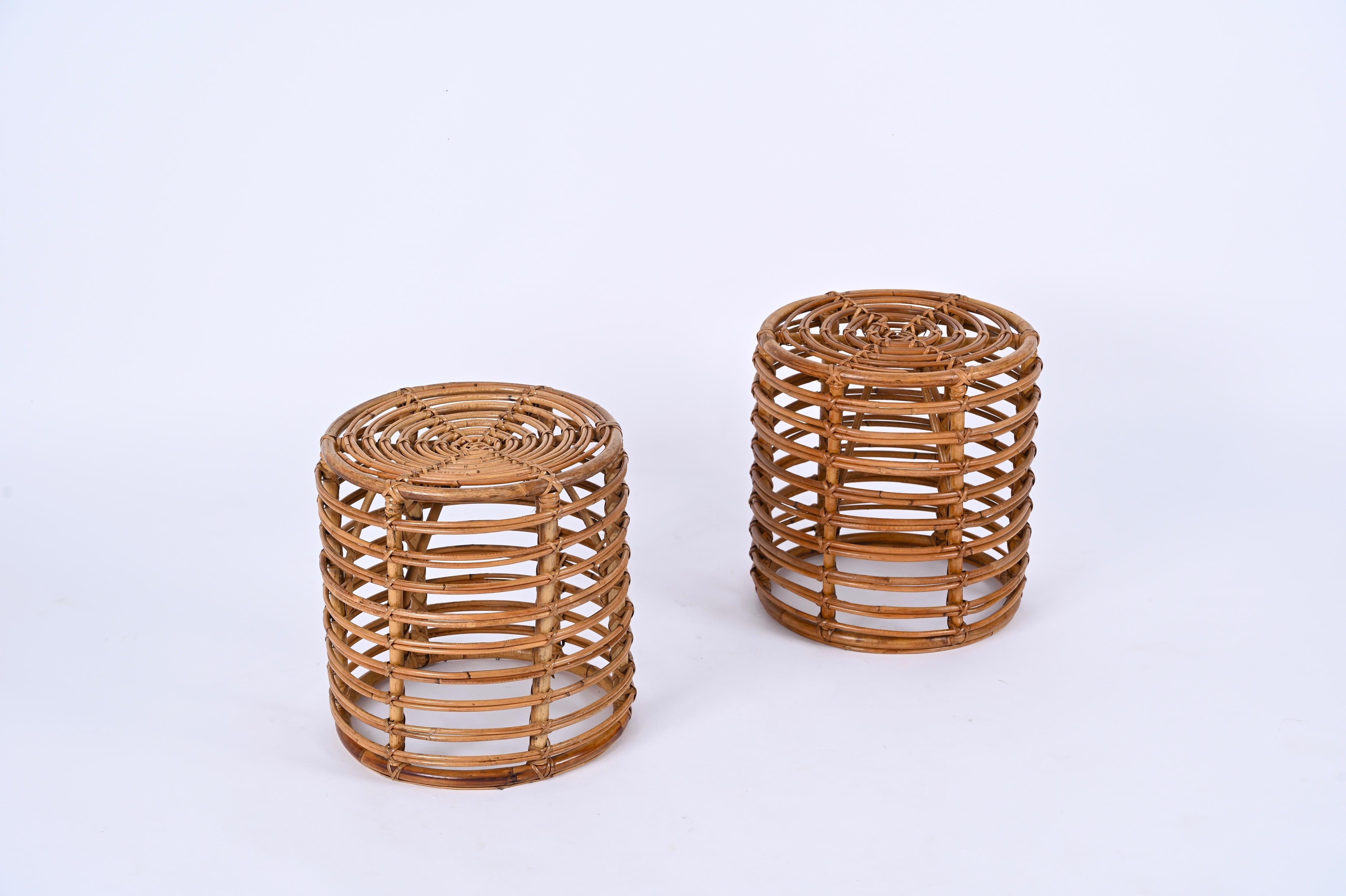 Pair of Midcentury Tito Agnoli Rattan and Bamboo Italian Pouf Stools Italy 1960s In Good Condition In Roma, IT
