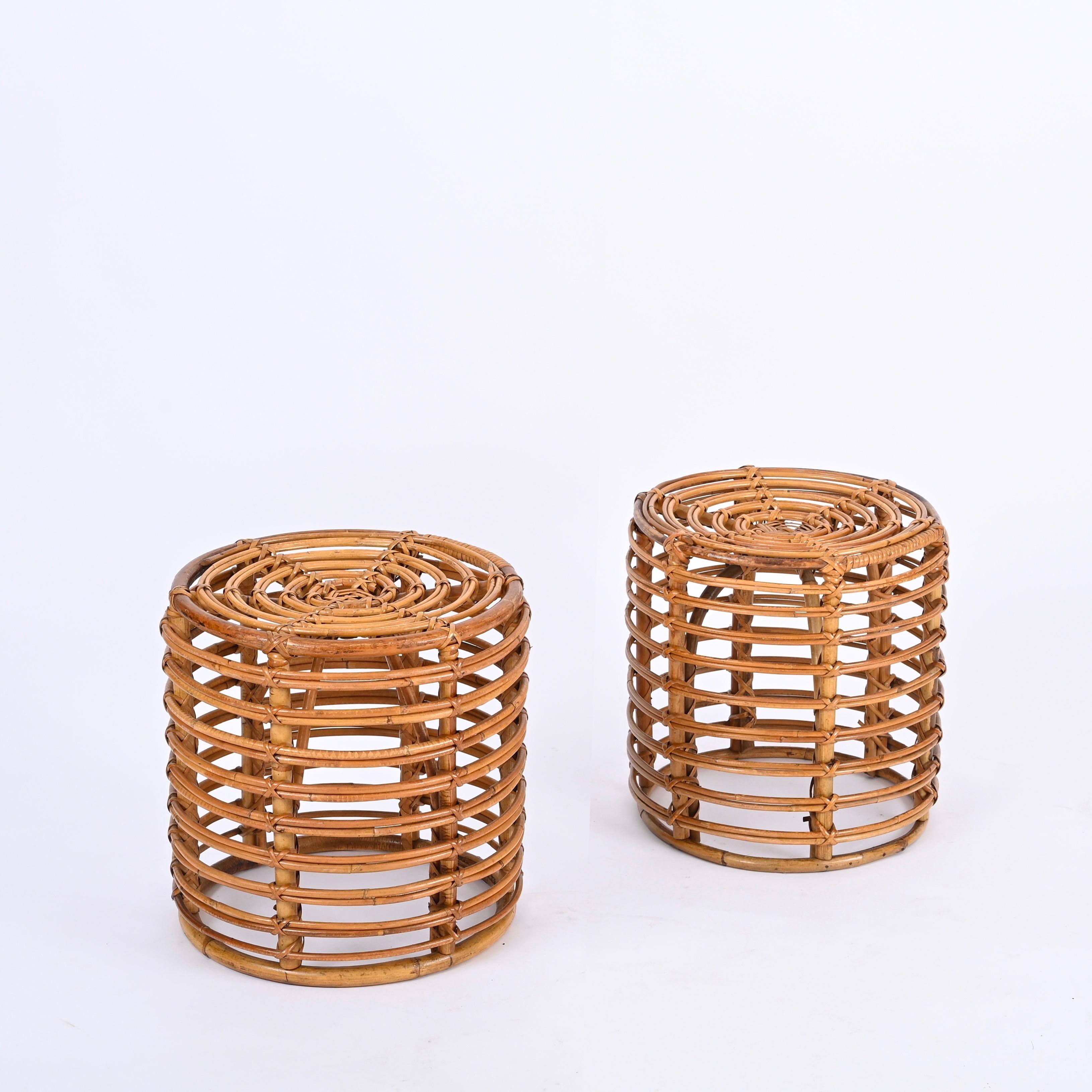 Hand-Crafted Pair of Midcentury Tito Agnoli Rattan and Bamboo Italian Pouf Stools Italy 1960s