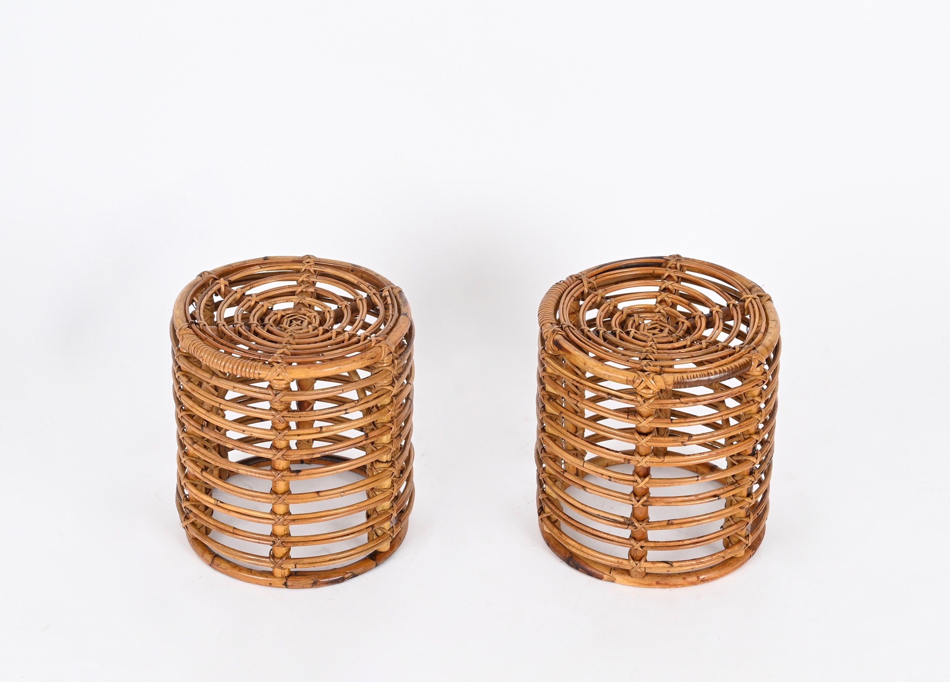 Hand-Crafted Pair of Midcentury Tito Agnoli Rattan and Bamboo Italian Pouf Stools Italy 1960s