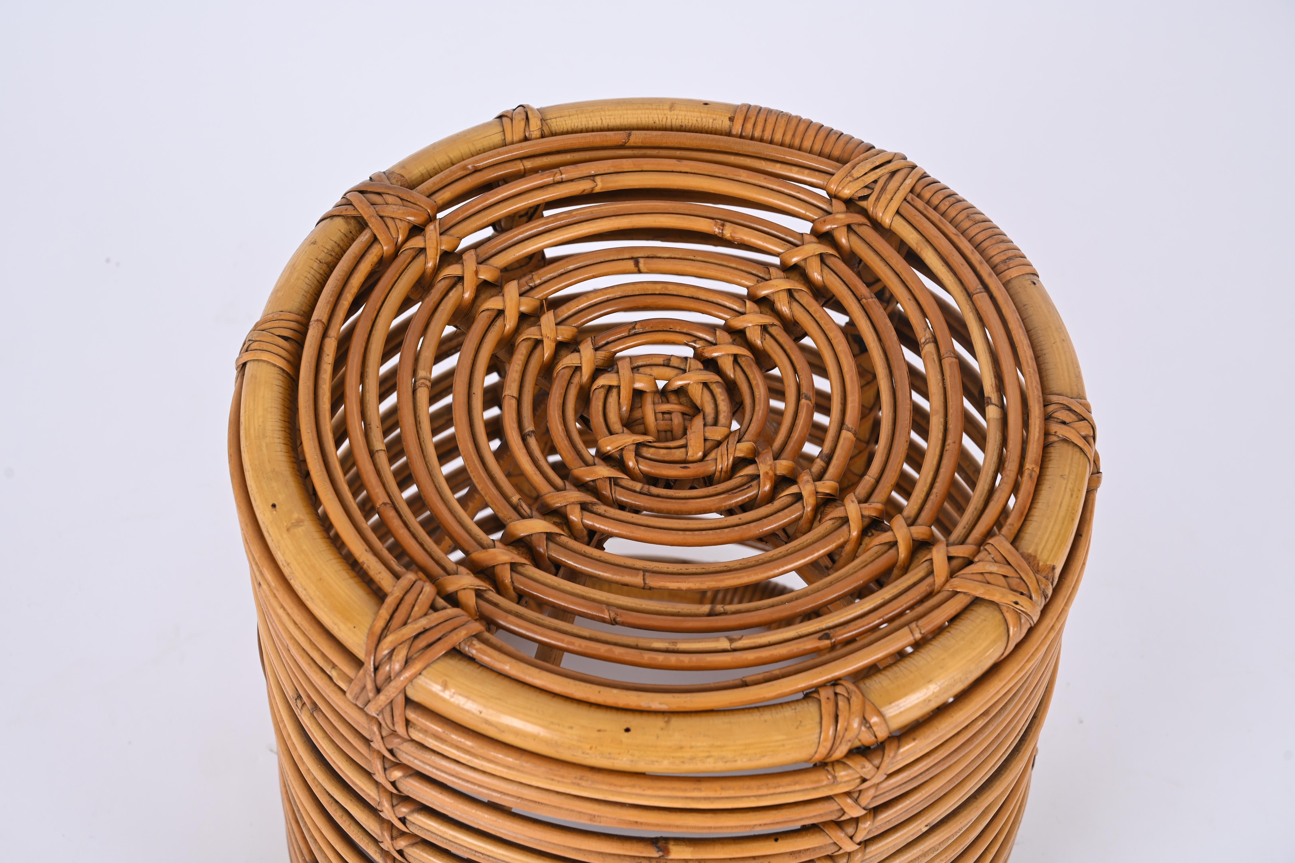 20th Century Pair of Midcentury Tito Agnoli Rattan and Bamboo Italian Pouf Stools Italy 1960s