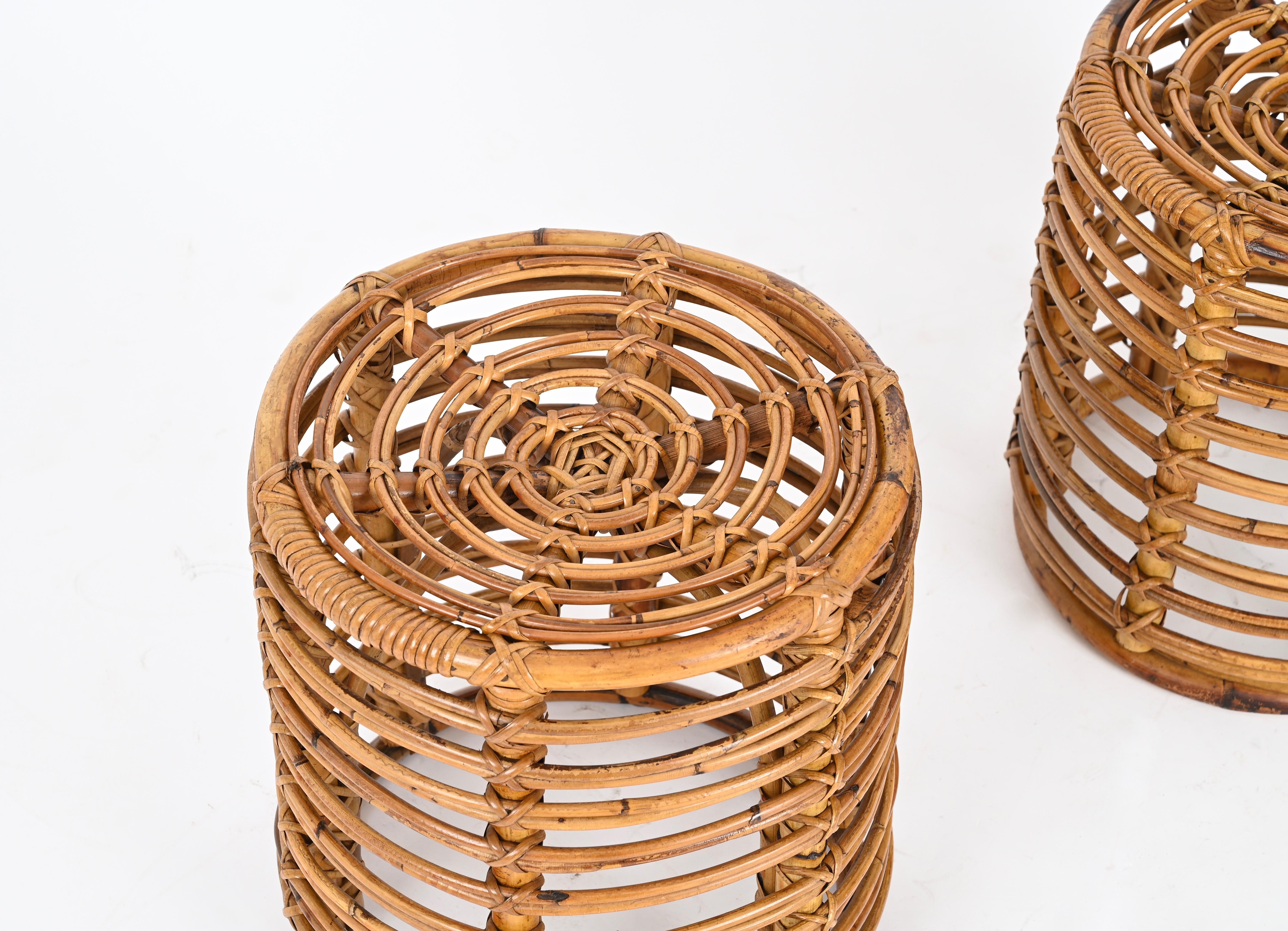 20th Century Pair of Midcentury Tito Agnoli Rattan and Bamboo Italian Pouf Stools Italy 1960s