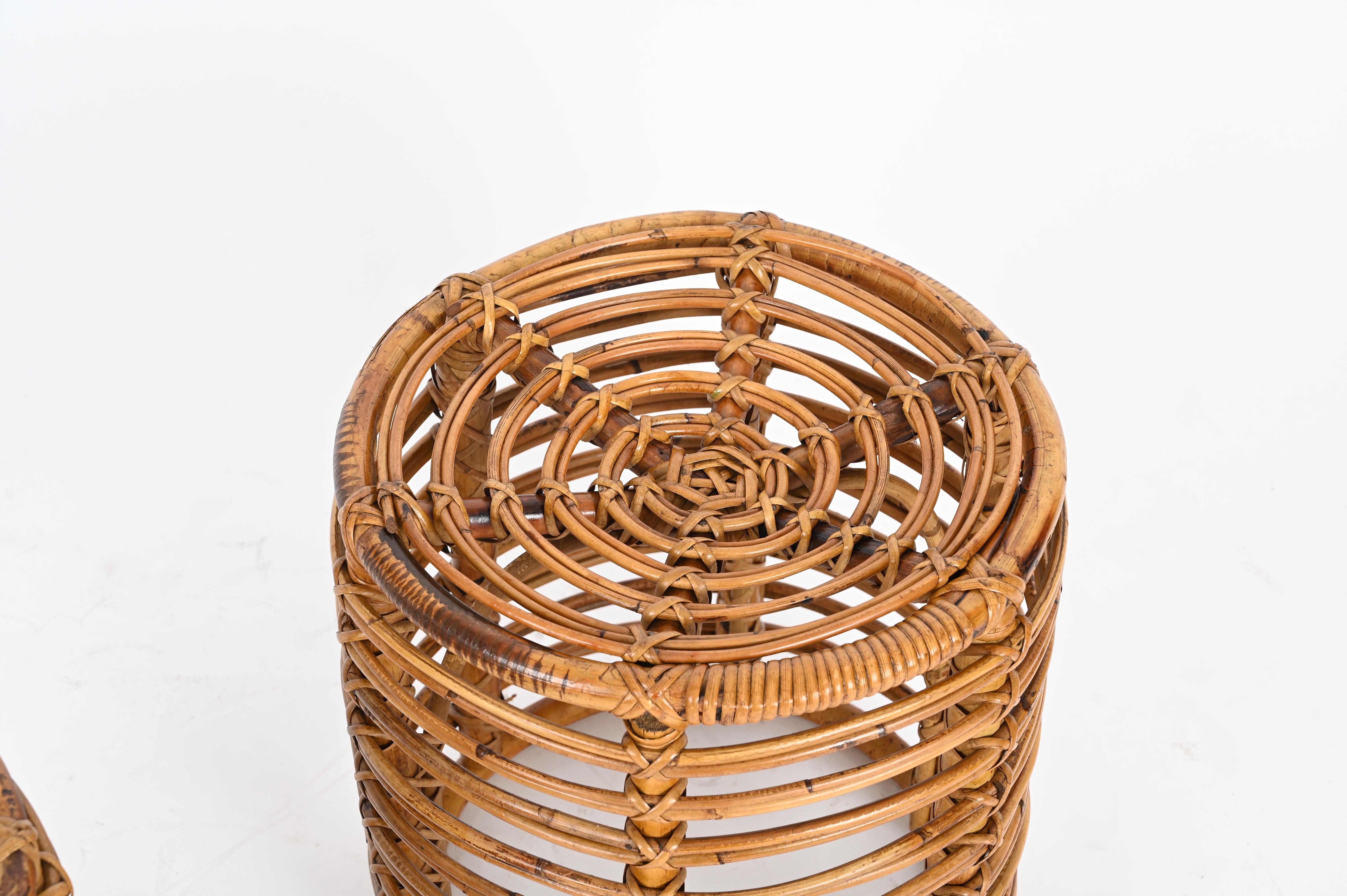 Pair of Midcentury Tito Agnoli Rattan and Bamboo Italian Pouf Stools Italy 1960s 1