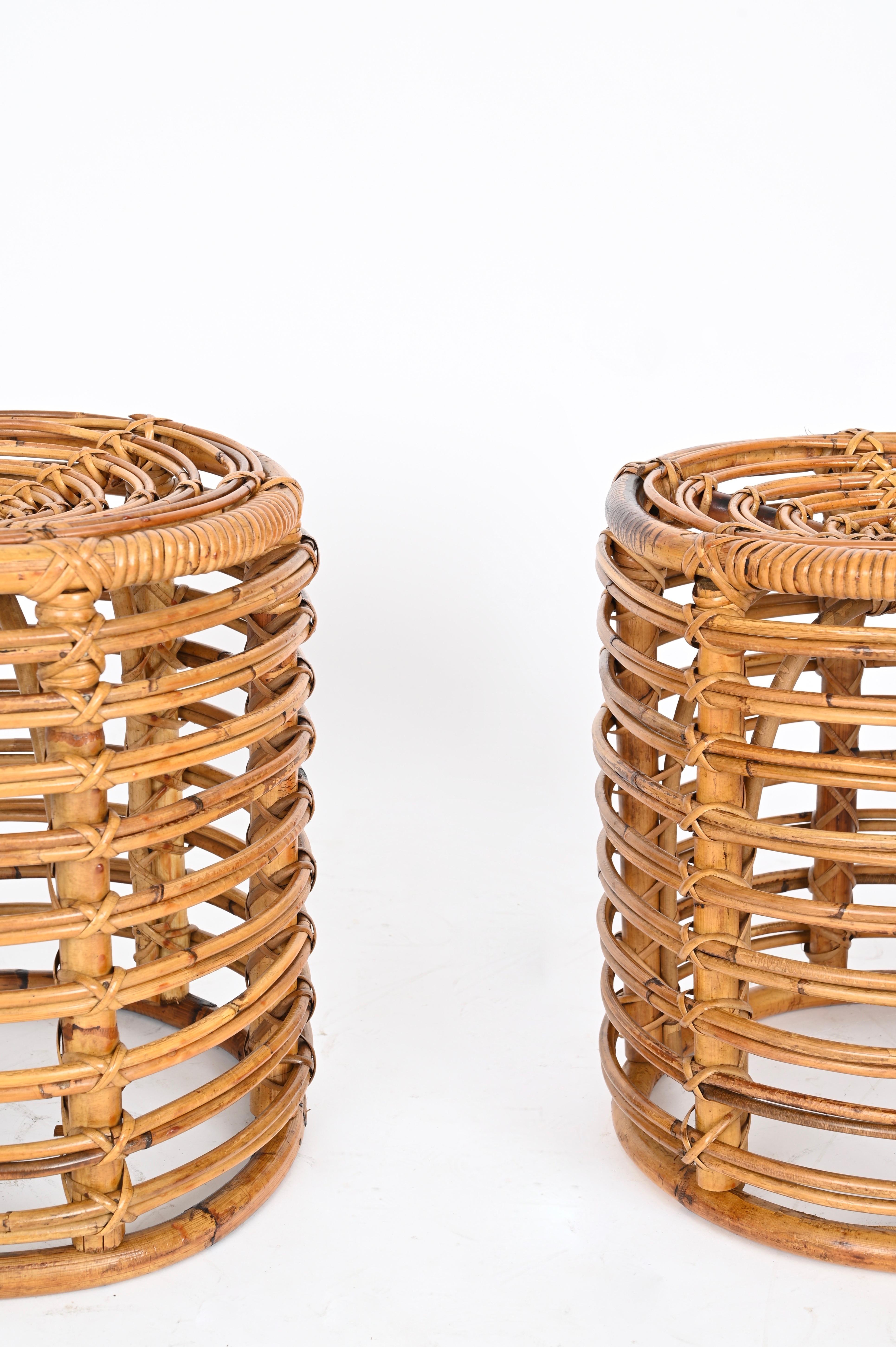 Pair of Midcentury Tito Agnoli Rattan and Bamboo Italian Pouf Stools Italy 1960s 3
