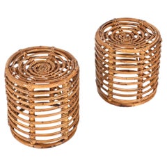 Pair of Midcentury Tito Agnoli Rattan and Bamboo Italian Pouf Stools Italy 1960s