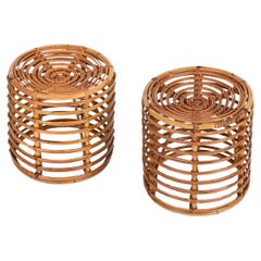 Pair of Midcentury Tito Agnoli Rattan and Bamboo Italian Pouf Stools Italy 1960s