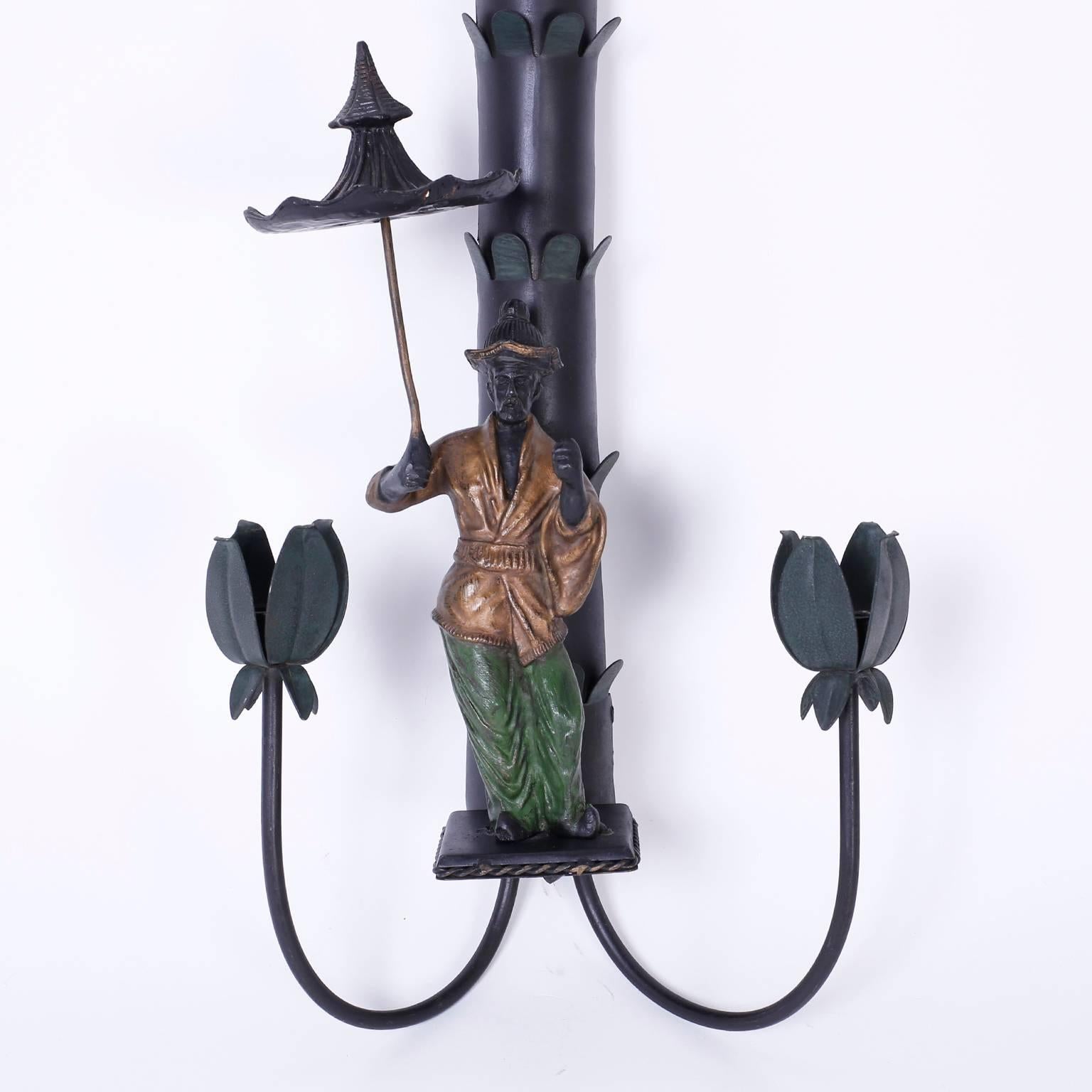 Italian Pair of Midcentury Tole Chinoiserie Palm Tree Sconces