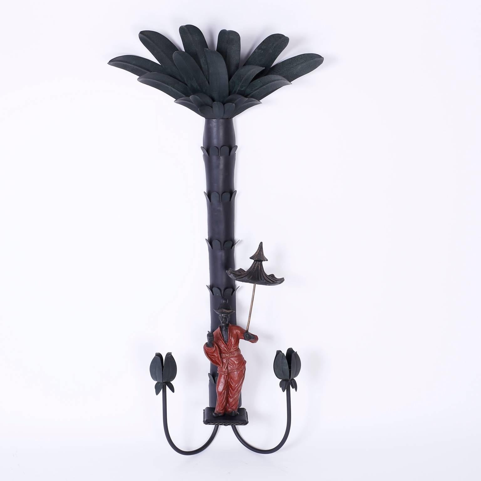 Pair of Midcentury Tole Chinoiserie Palm Tree Sconces In Excellent Condition In Palm Beach, FL