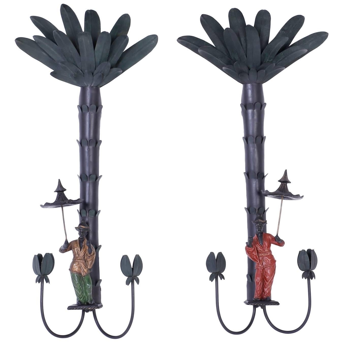 Pair of Midcentury Tole Chinoiserie Palm Tree Sconces