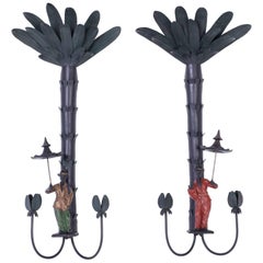 Vintage Pair of Midcentury Tole Chinoiserie Palm Tree Sconces