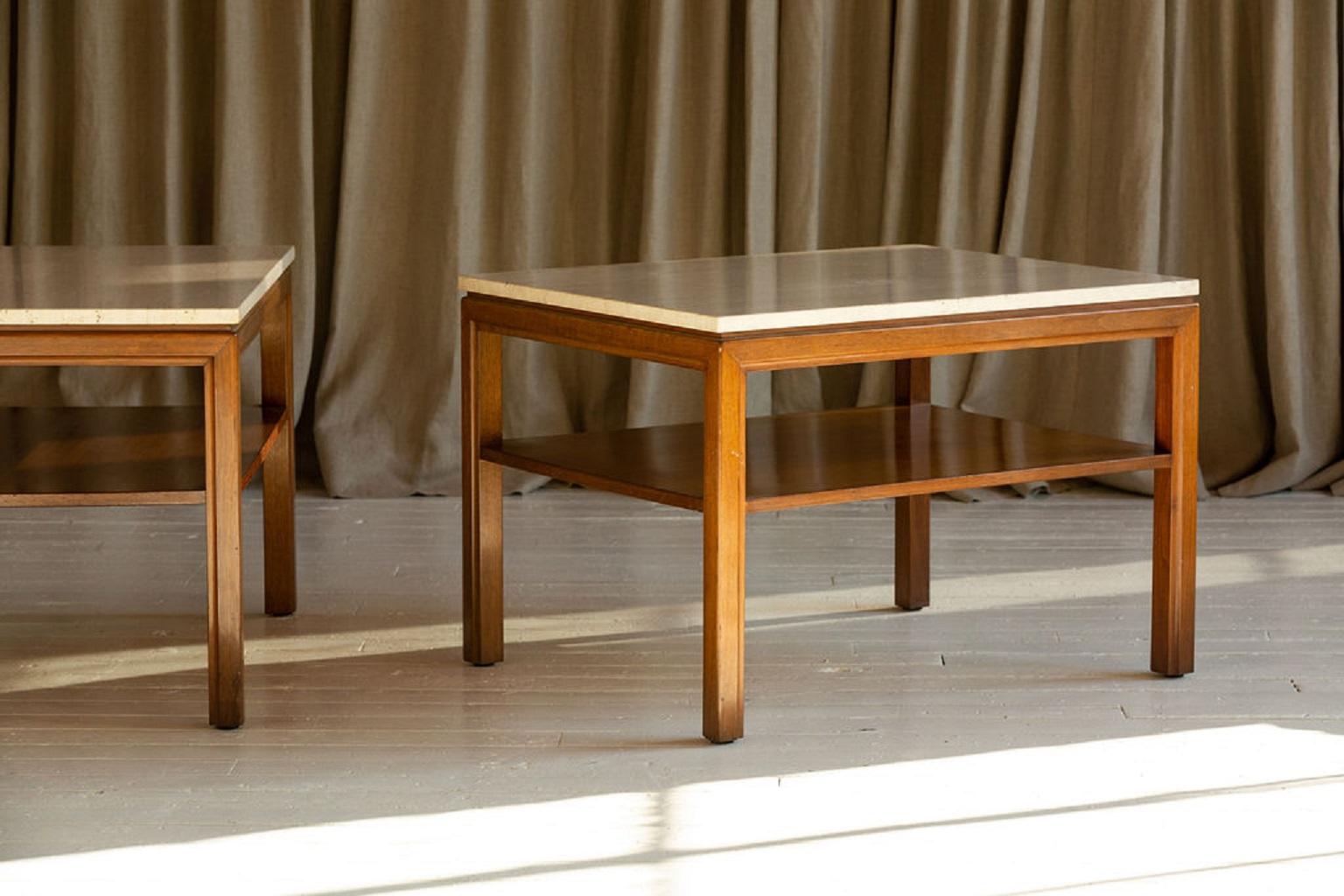 Mid-Century Modern Pair of Midcentury Travertine and Walnut End Tables For Sale