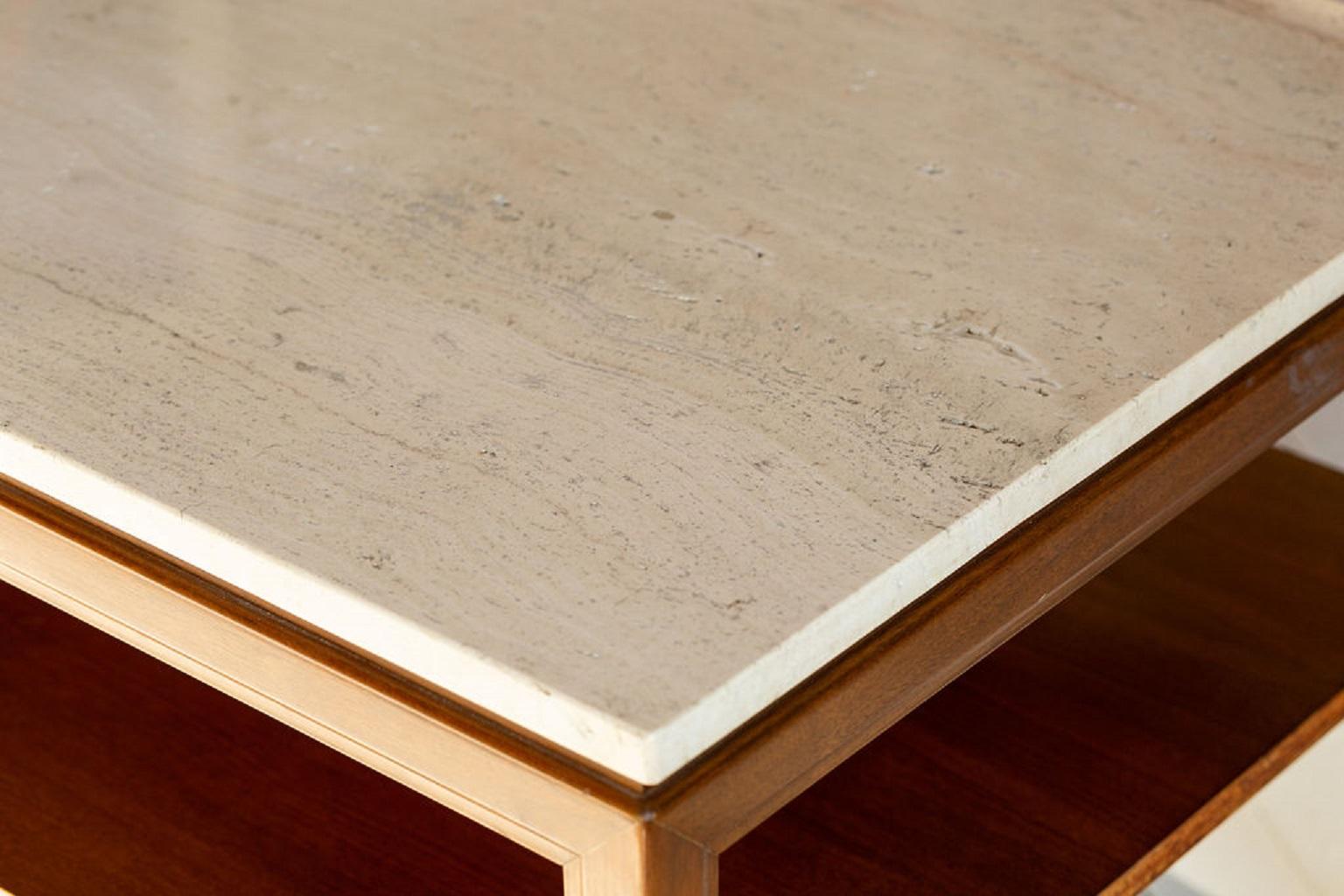 American Pair of Midcentury Travertine and Walnut End Tables For Sale