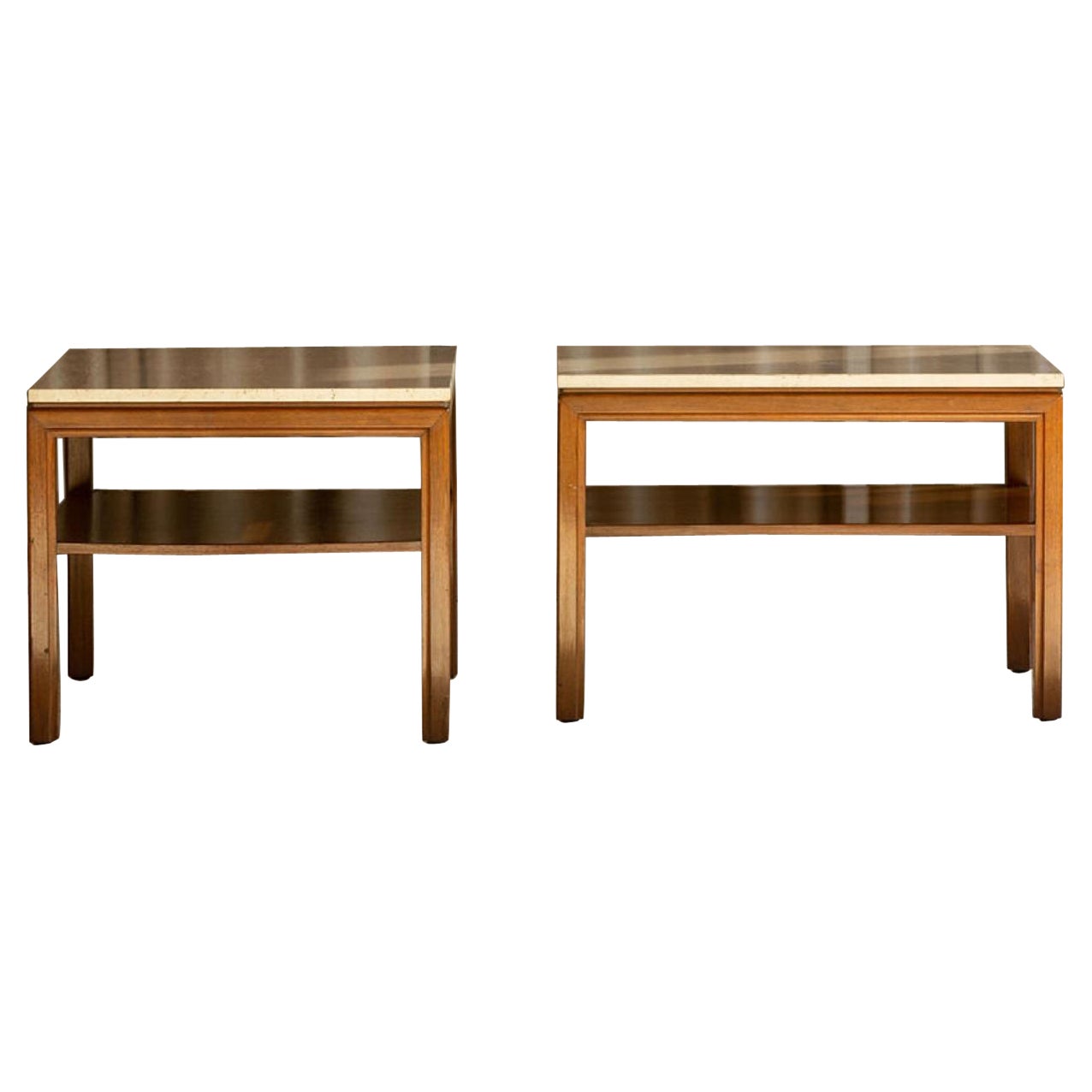 Pair of Midcentury Travertine and Walnut End Tables