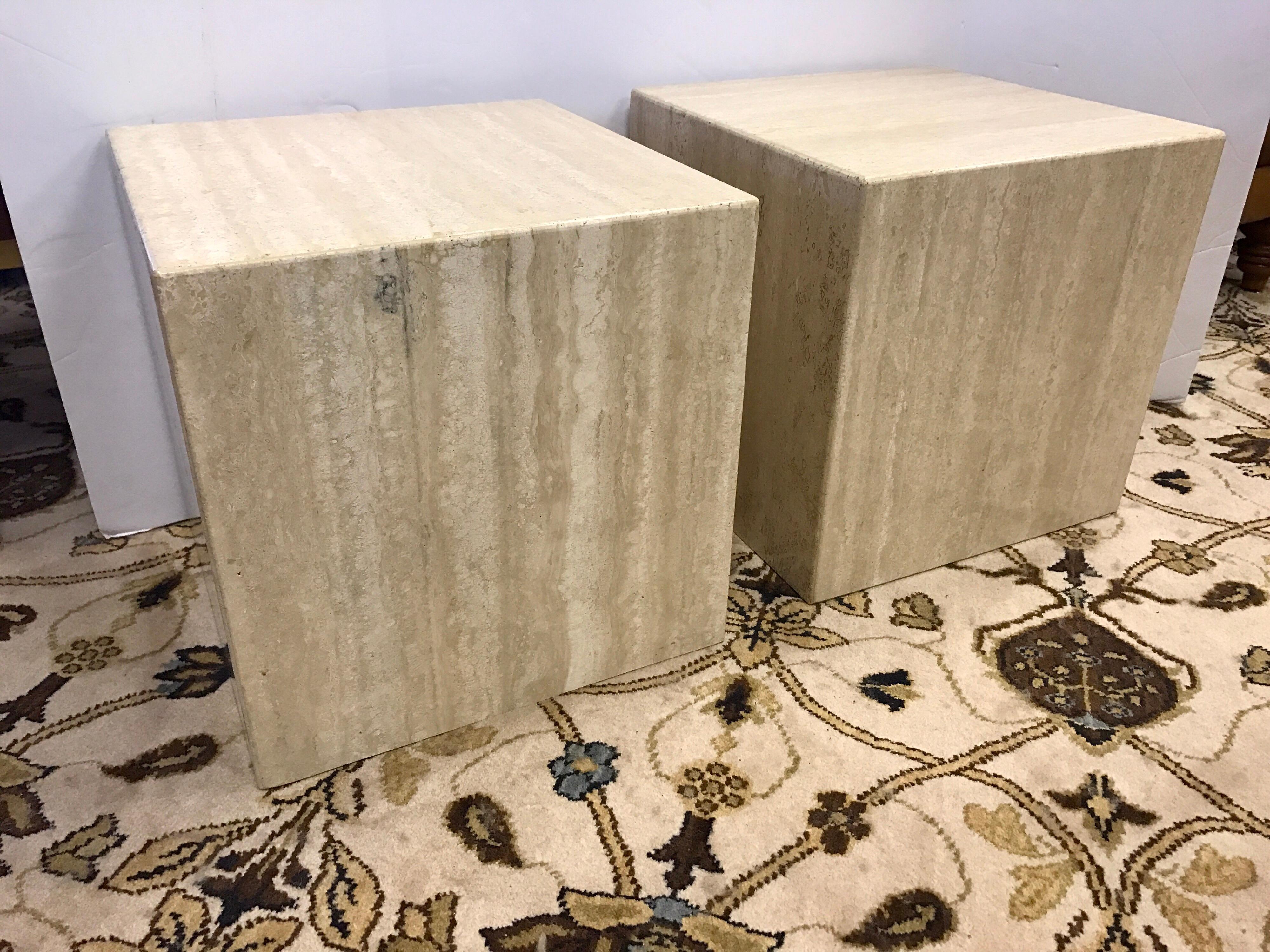 Minimalist pair of Italian travertine tables which can be multi-purposed in your home.