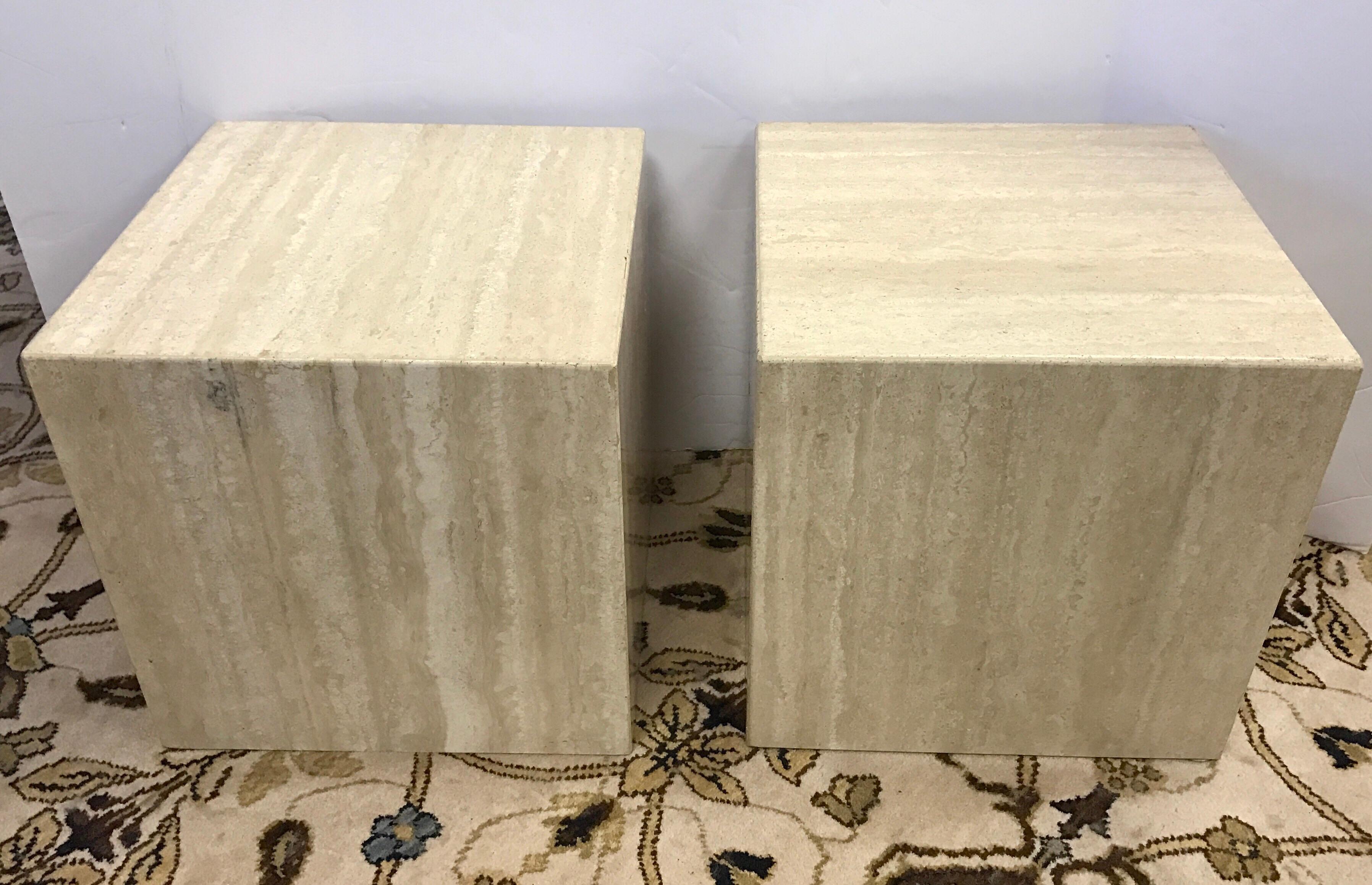 Mid-Century Modern Pair of Midcentury Travertine Cube End Tables Stools Cocktail Table Italy