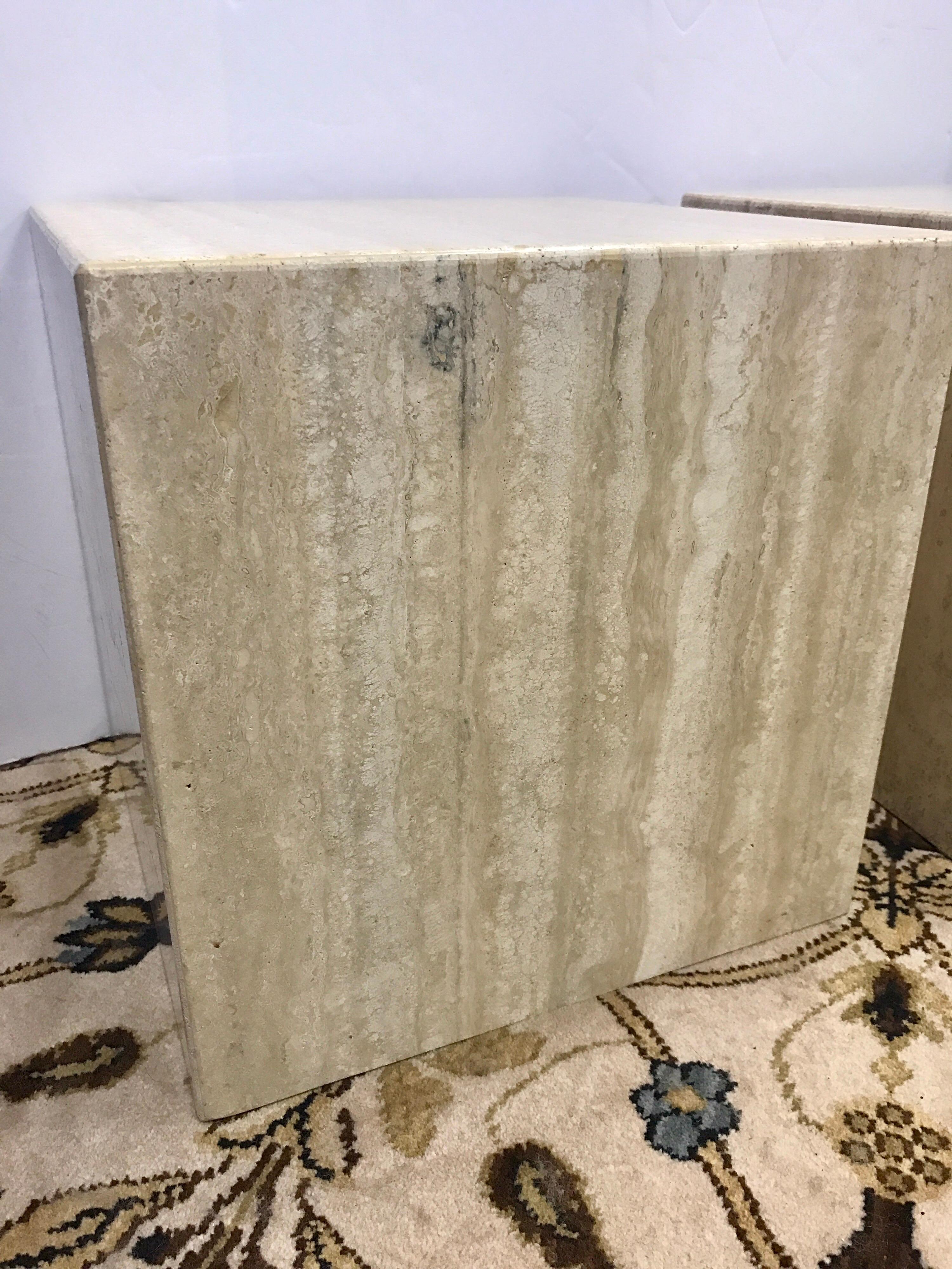 Pair of Midcentury Travertine Cube End Tables Stools Cocktail Table Italy In Good Condition In West Hartford, CT