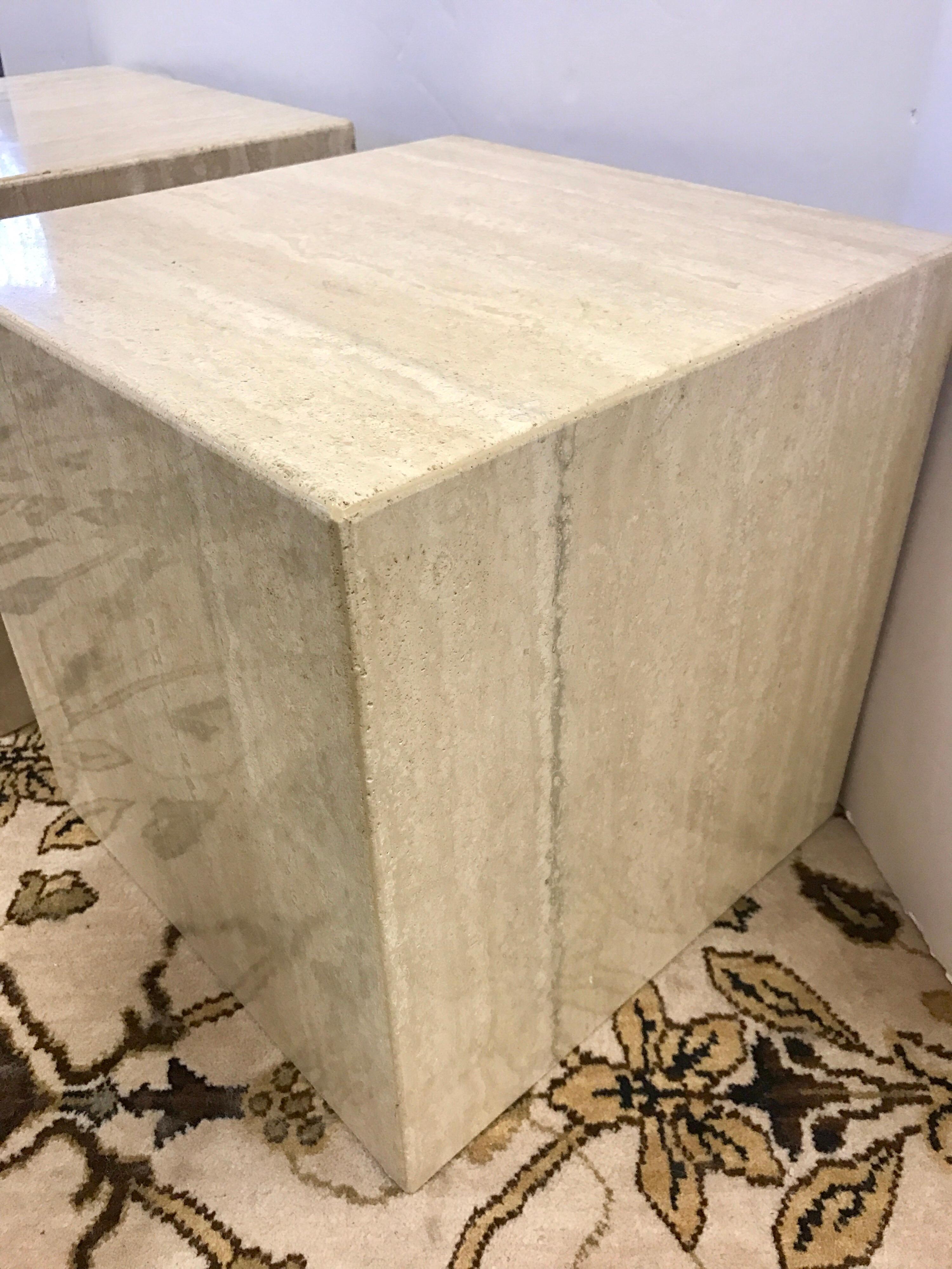 Pair of Midcentury Travertine Cube End Tables Stools Cocktail Table Italy 1