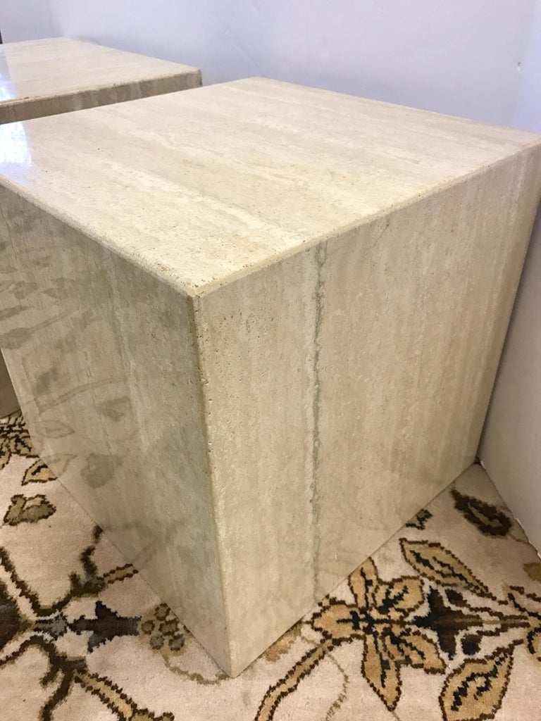 Pair of Midcentury Travertine Cube End Tables Stools Cocktail Table