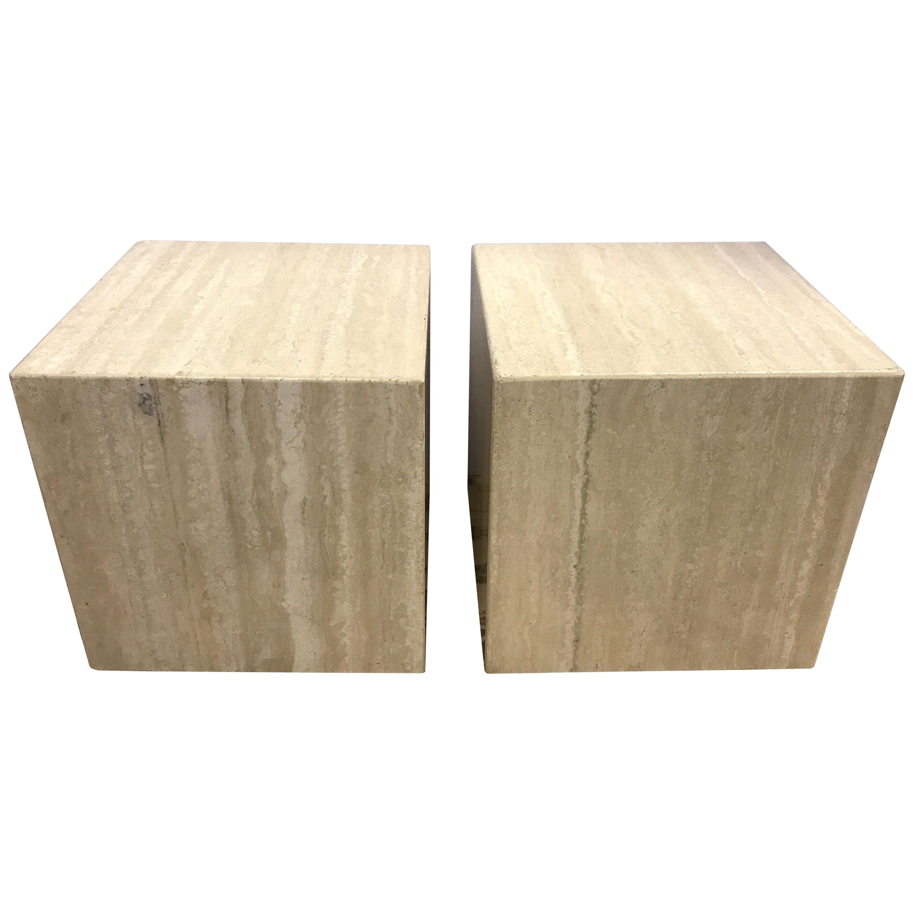 Pair of Midcentury Travertine Cube End Tables Stools Cocktail Table Italy