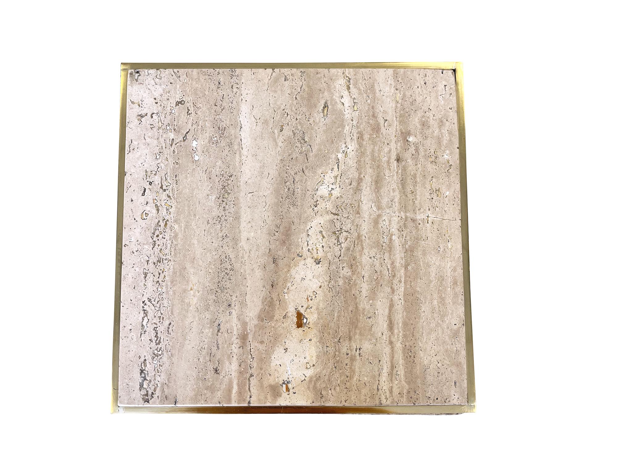 Brass Pair of Mid-Century Travertine Cube Side Tables