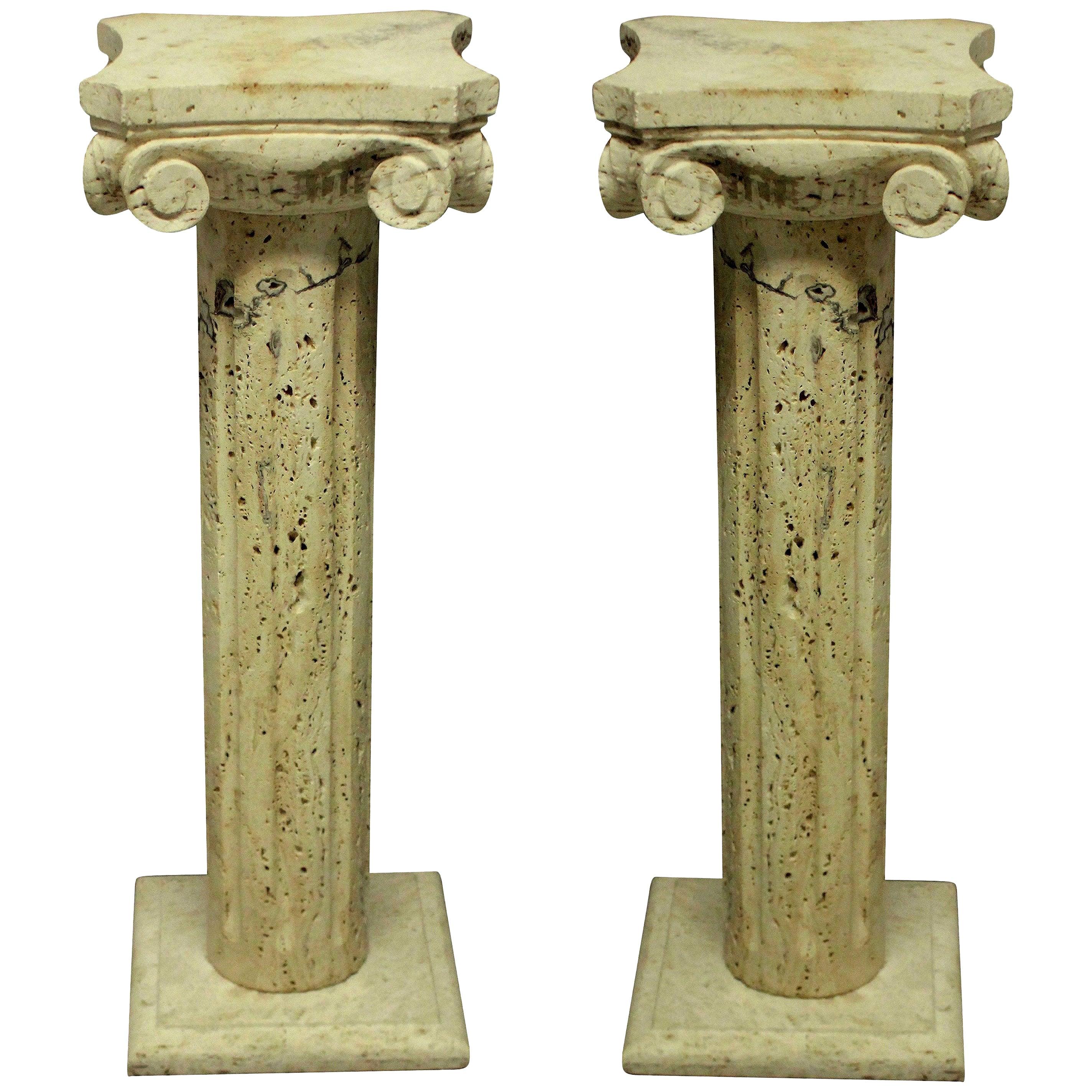 Pair of Midcentury Travertine Marble Column Pedestals