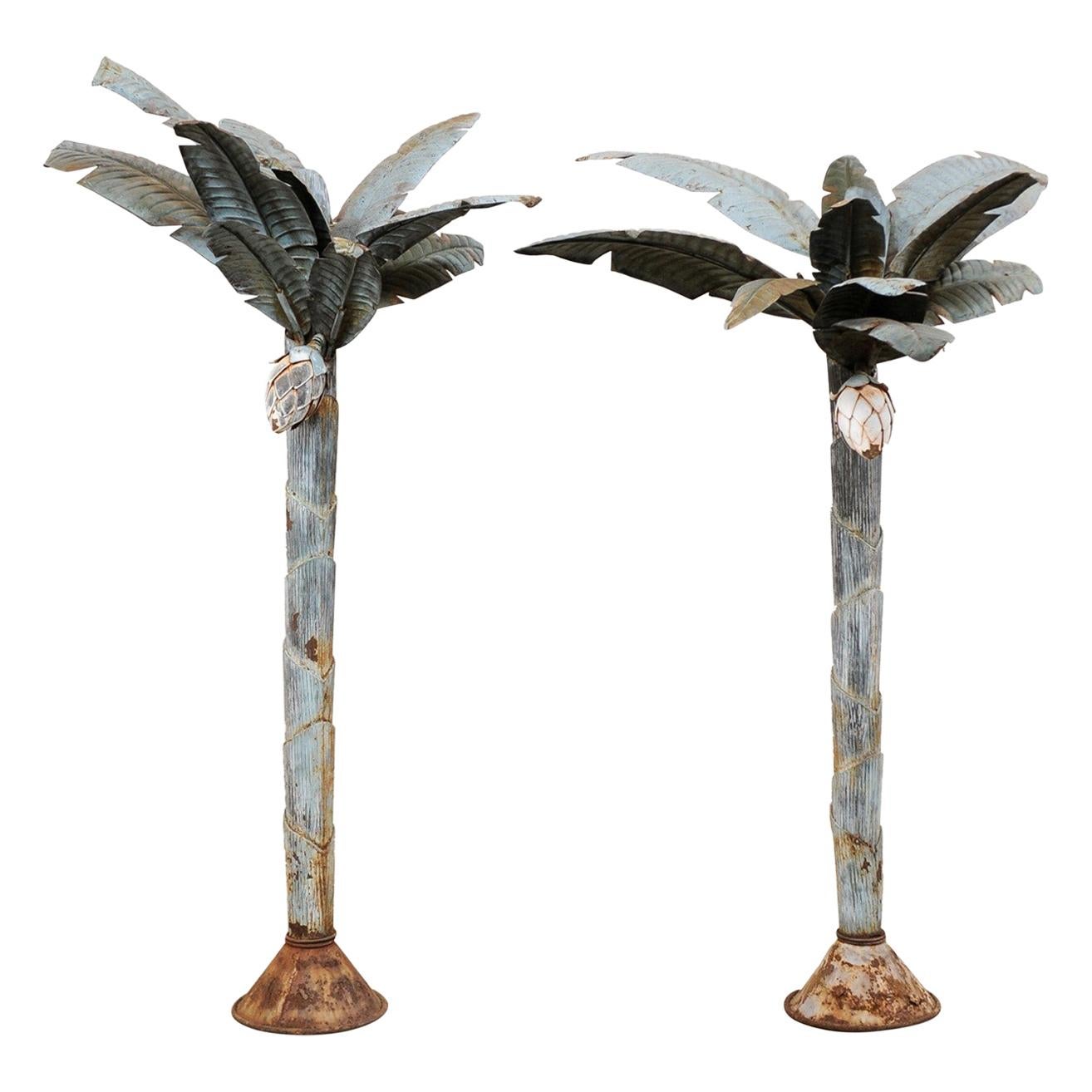 Pair of Midcentury Tropical Painted Metal Palm Tree Sculptures