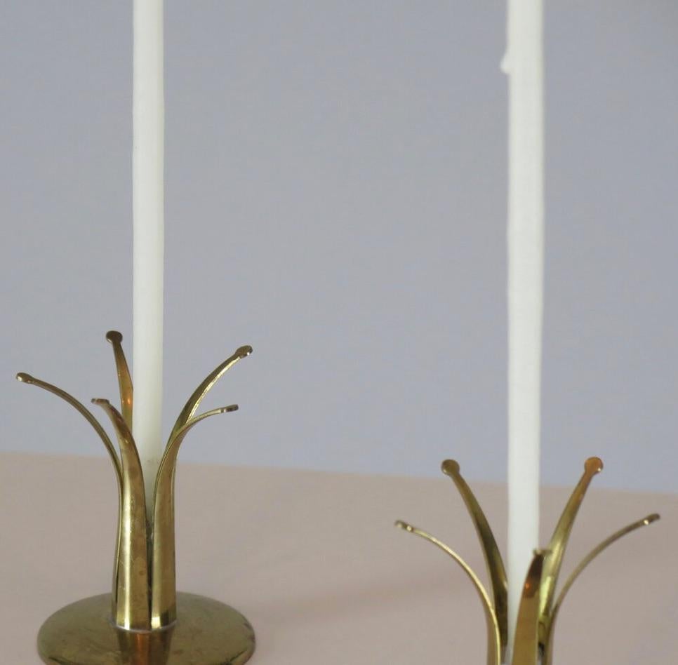 Brass Pair of Midcentury Tulip Candleholders For Sale