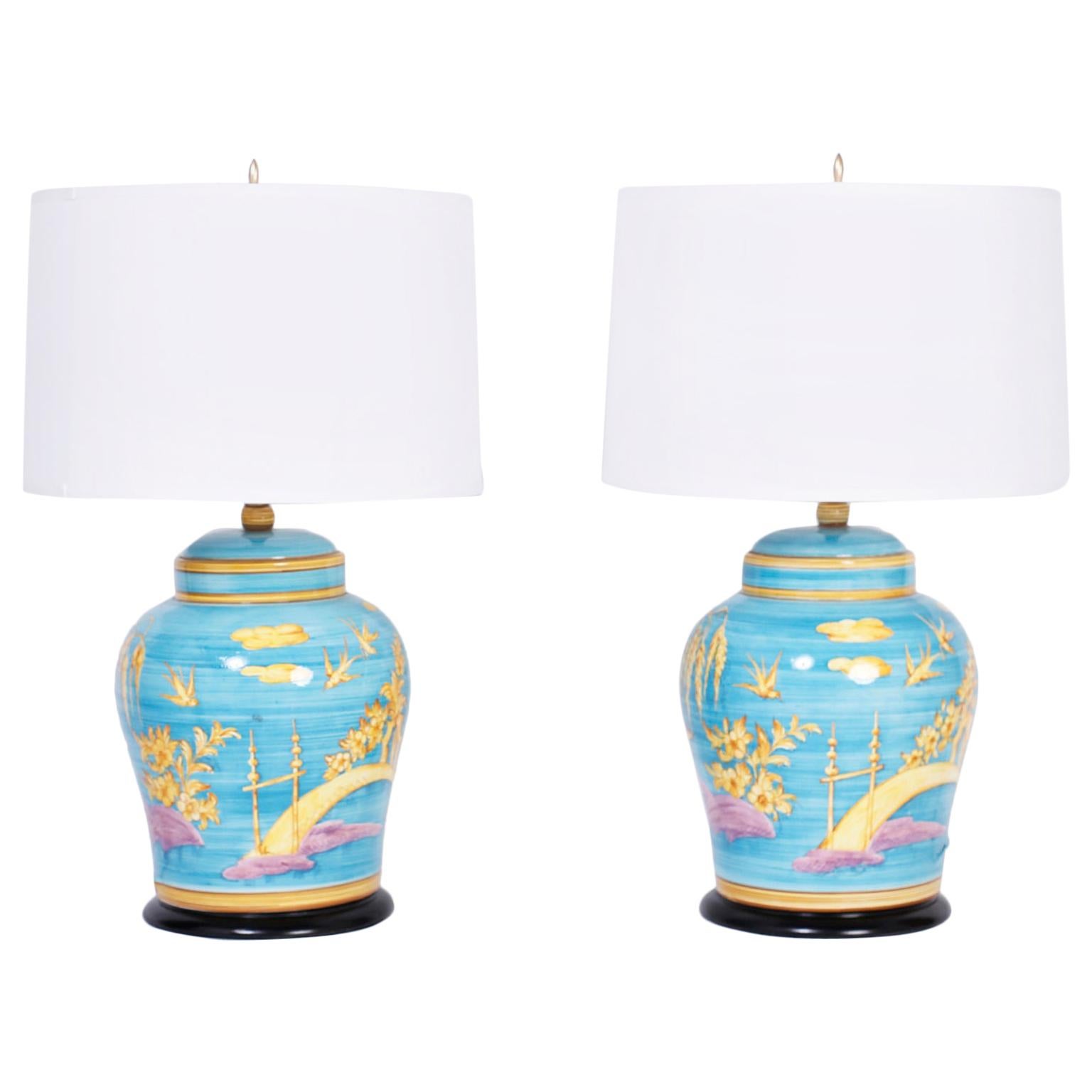 Pair of Midcentury Turquoise Chinoiserie Table Lamps