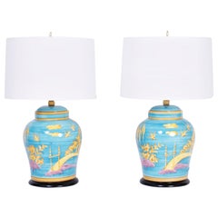 Pair of Midcentury Turquoise Chinoiserie Table Lamps