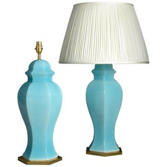 Pair of Midcentury Turquoise Glazed Vase Lamps