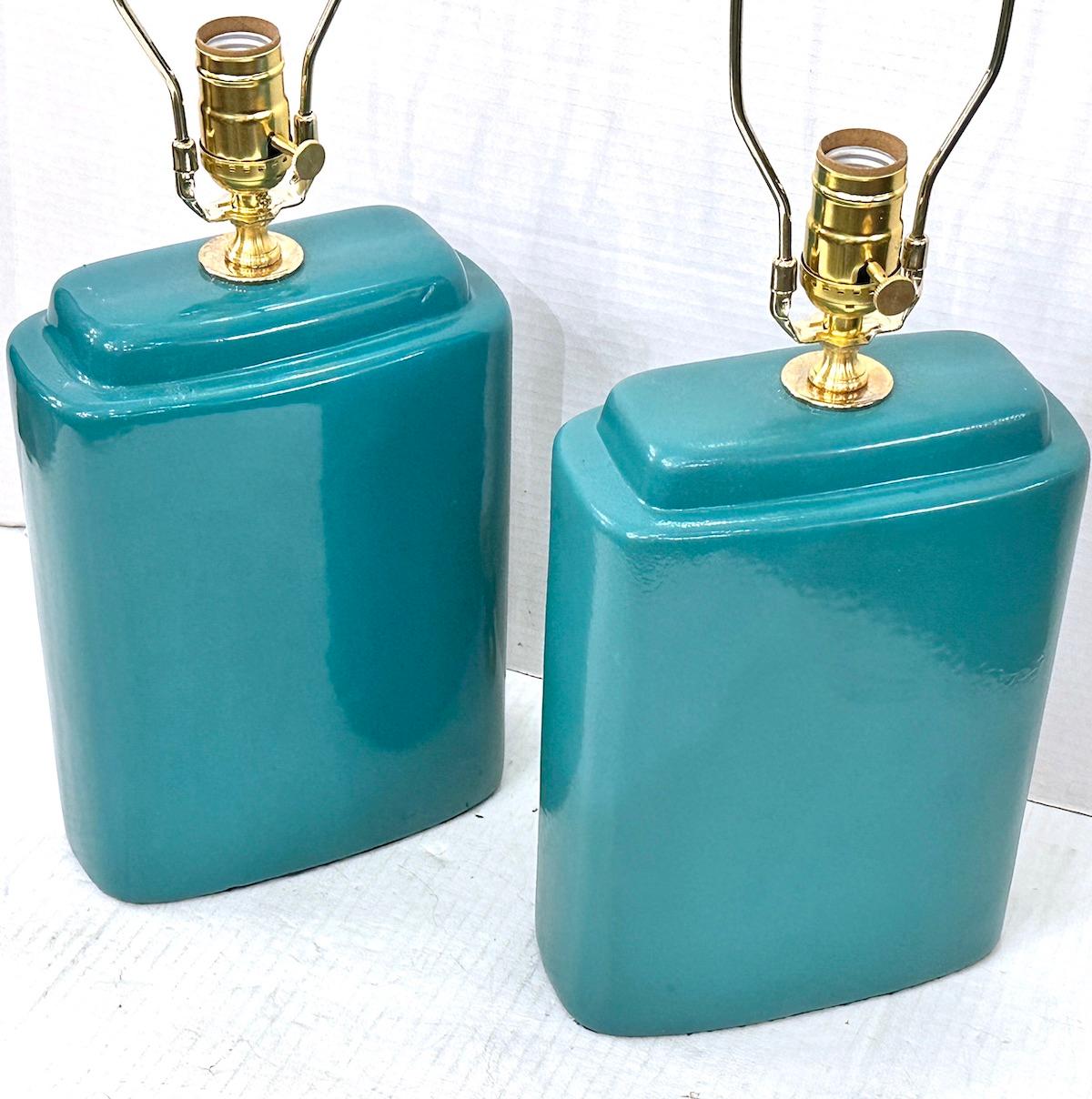 French Pair of Midcentury Turquoise Lamps For Sale