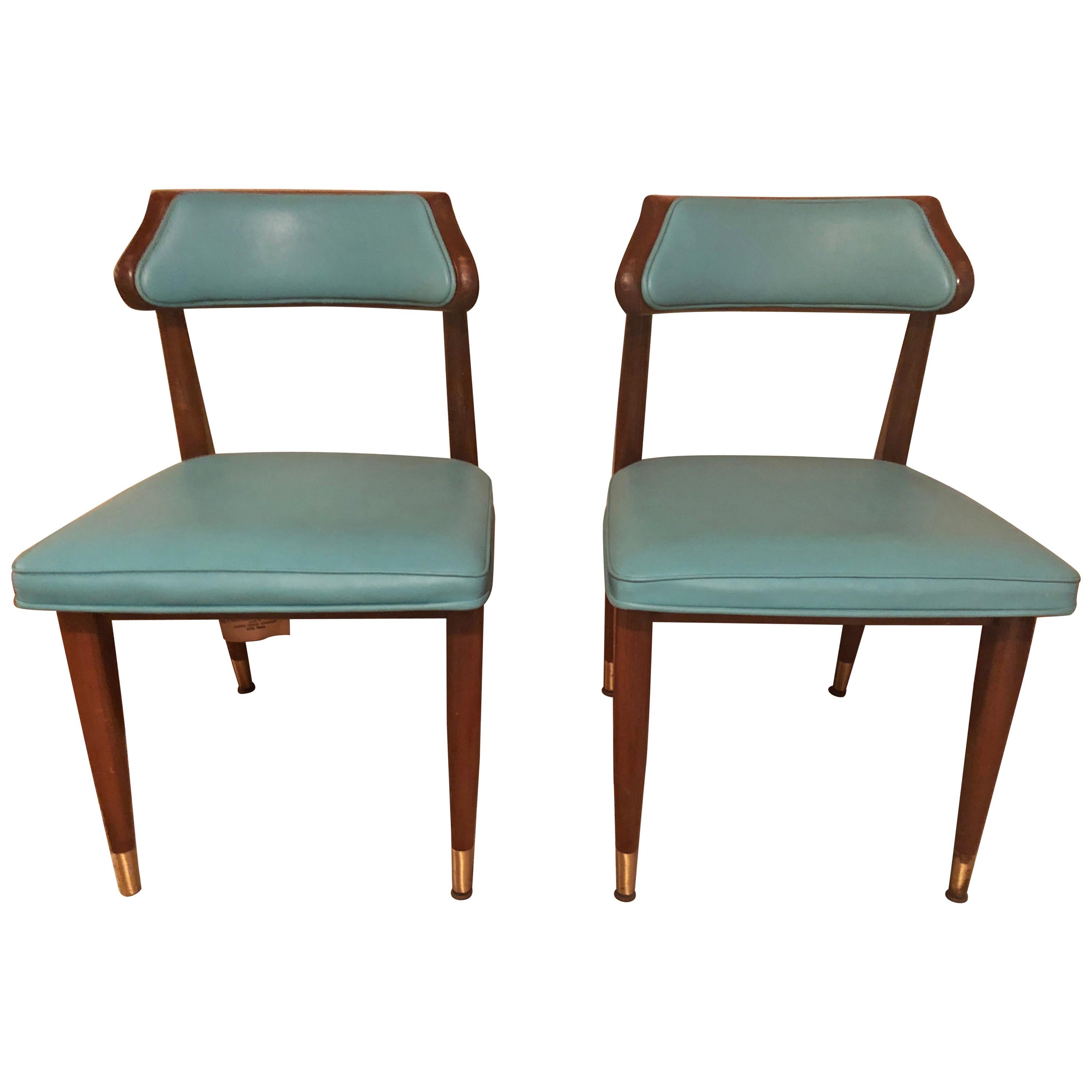 Pair of Midcentury Turquoise Walnut Desk or Occasional Side Chairs, 1960 For Sale
