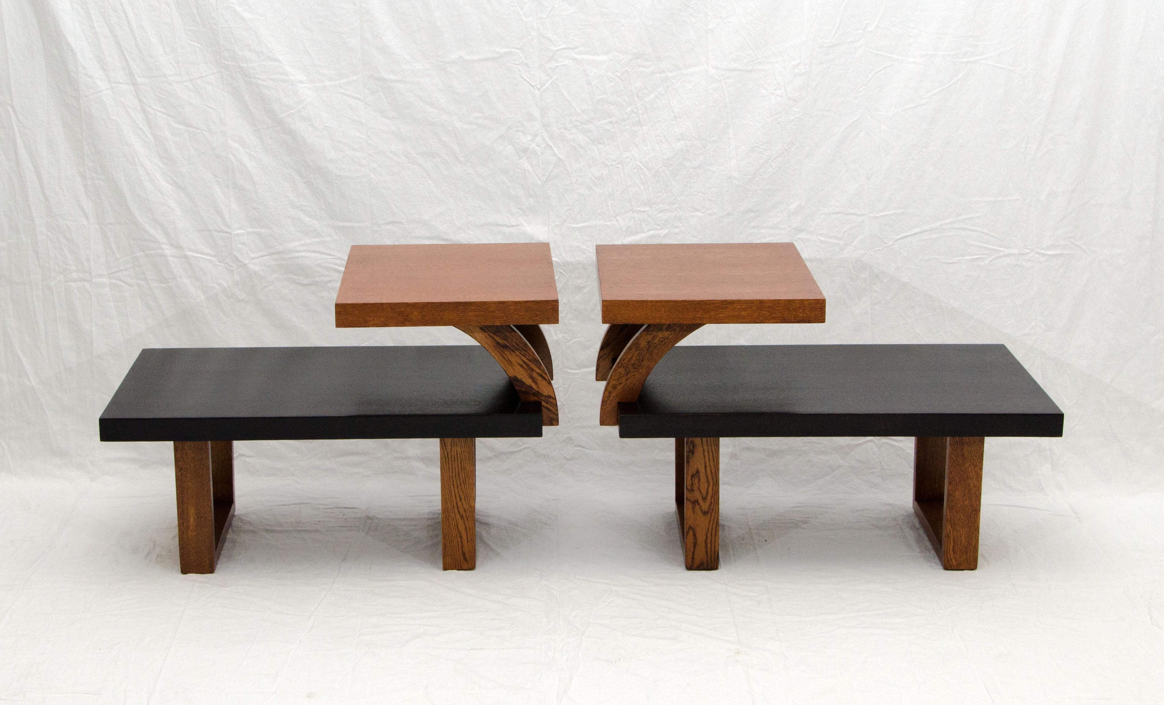 Nice pair of two-tone end tables, the main shelf is ebonized and the rest is medium oak. The ebonized shelf is 12 high and the top shelf is 7