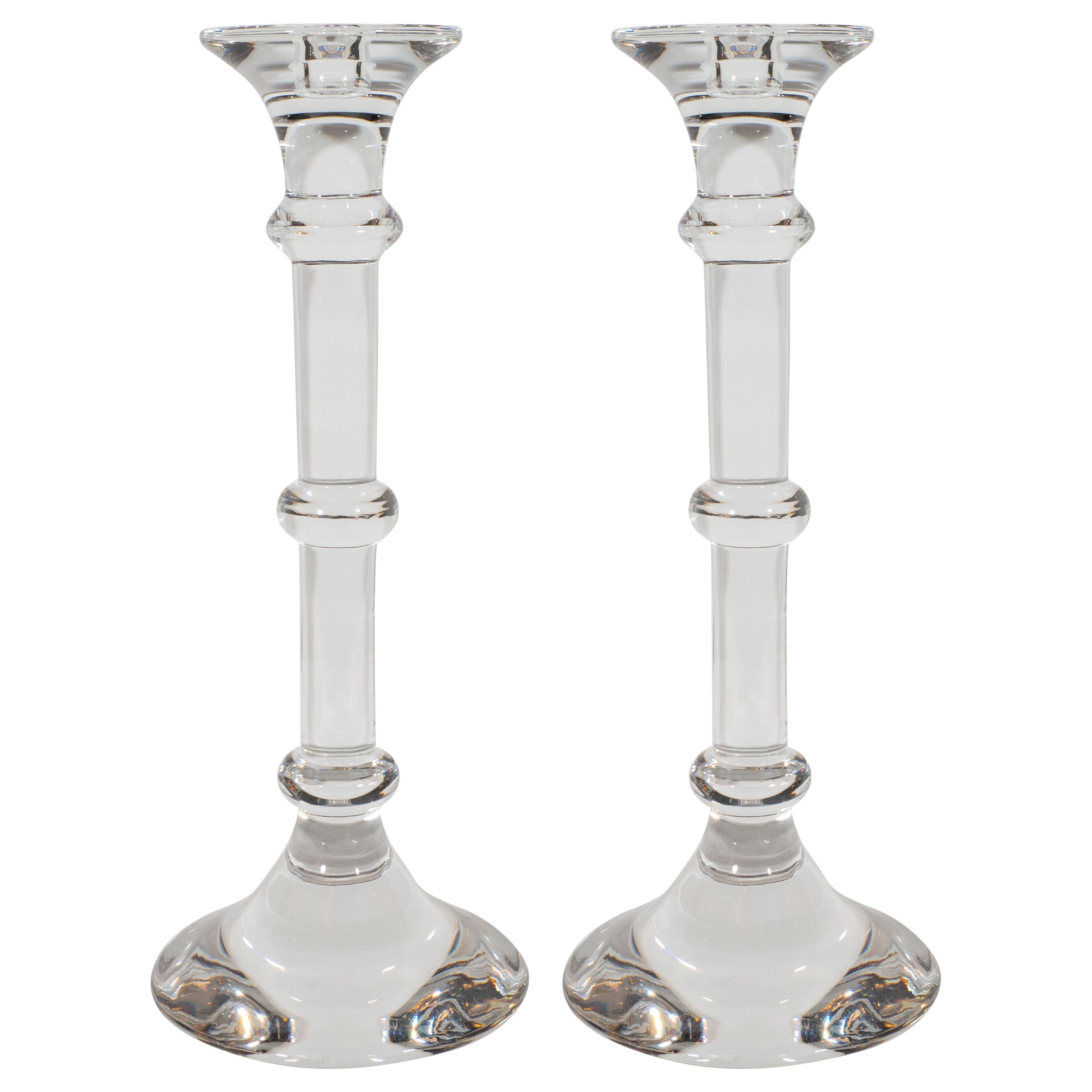 Pair of Midcentury Val Saint Lambert Translucent Crystal Doric Candlesticks 