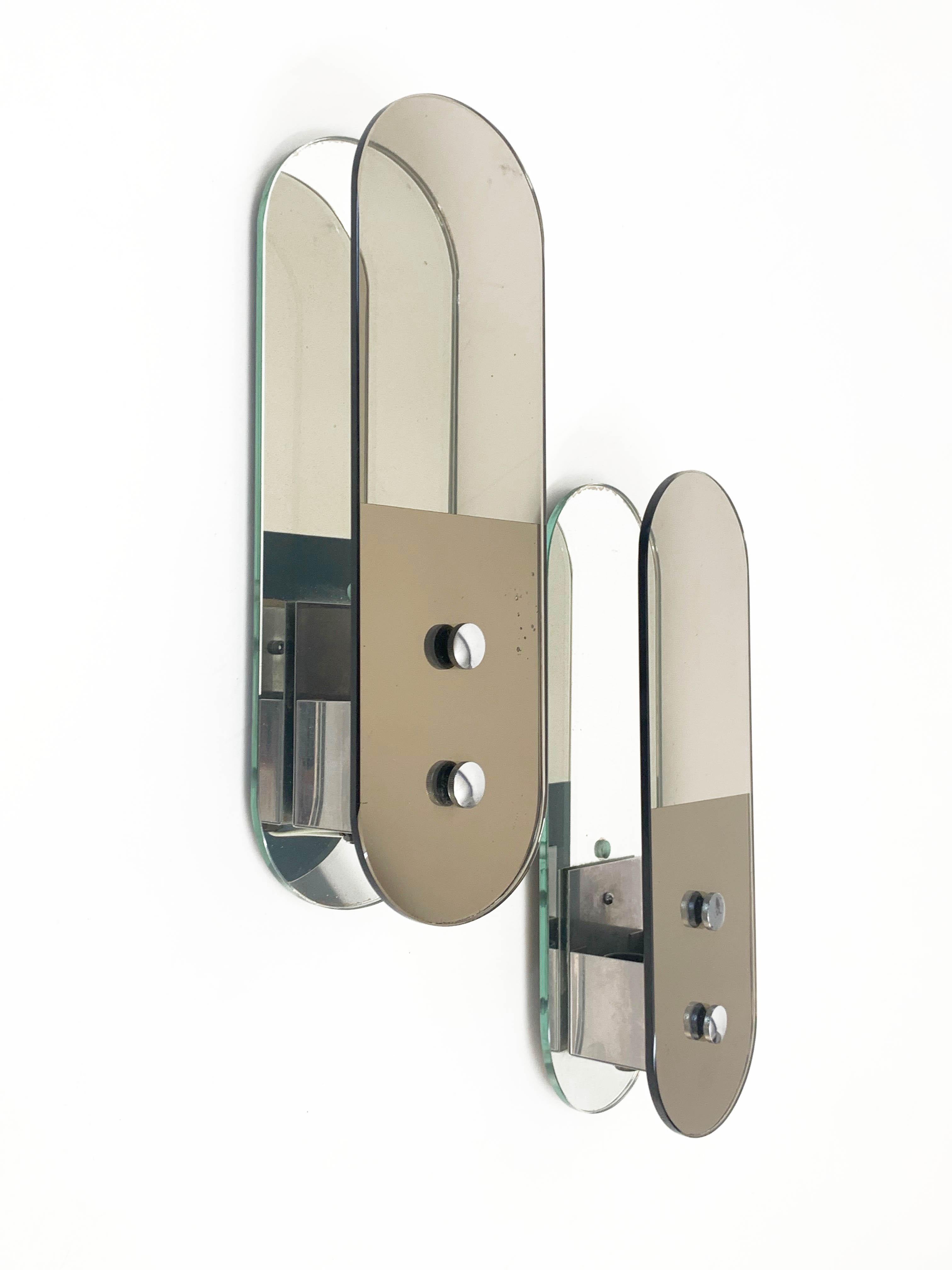 Mid-Century Modern Pair of Midcentury Veca Oval Brown Italian Mirror Glass Wall Lights, 1960s