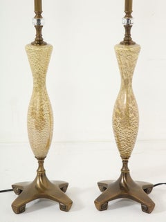 Pair of Midcentury Venetian Gold Leaf Blown Glass and Brass Table Lamps