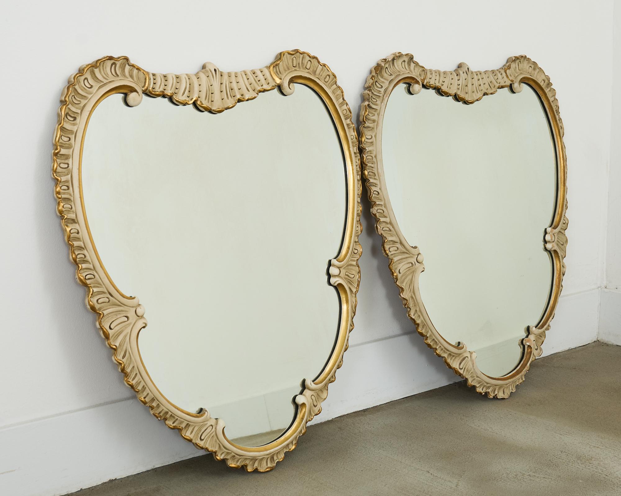 Rococo Pair of Midcentury Venetian Style Lacquered Cartouche Mirrors For Sale